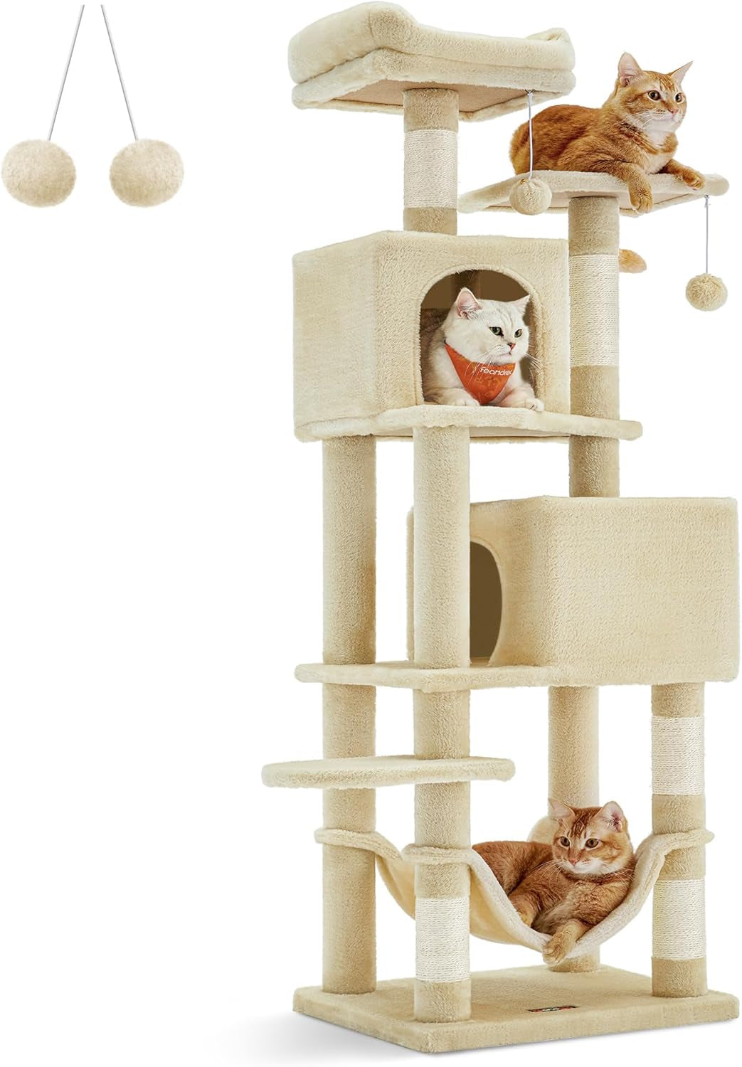 Cat Tree, 61-Inch Cat Tower for Indoor Cats, Plush Multi-Level Cat Condo with 5 Scratching Posts, 2 Perches, 2 Caves, Hammock, 2 Pompoms, Beige UPCT192M01