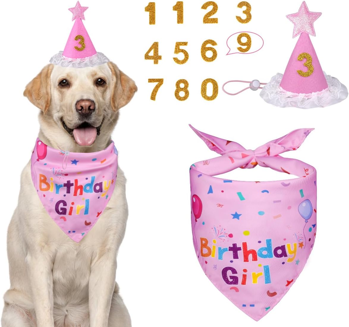 Dog Birthday Party Supplies, Dog Birthday Bandana Set, Dog Boy Girl Birthday Party Hat with Numbers for Large Medium Small Dogs Pet (Blue)