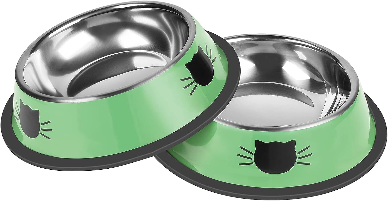 2 Pcs Non-Slip Stainless Steel Small Cat Food Bowls - Unbreakable, 7 Oz, Removable Rubber Base, Easy to Clean, Lovely Color