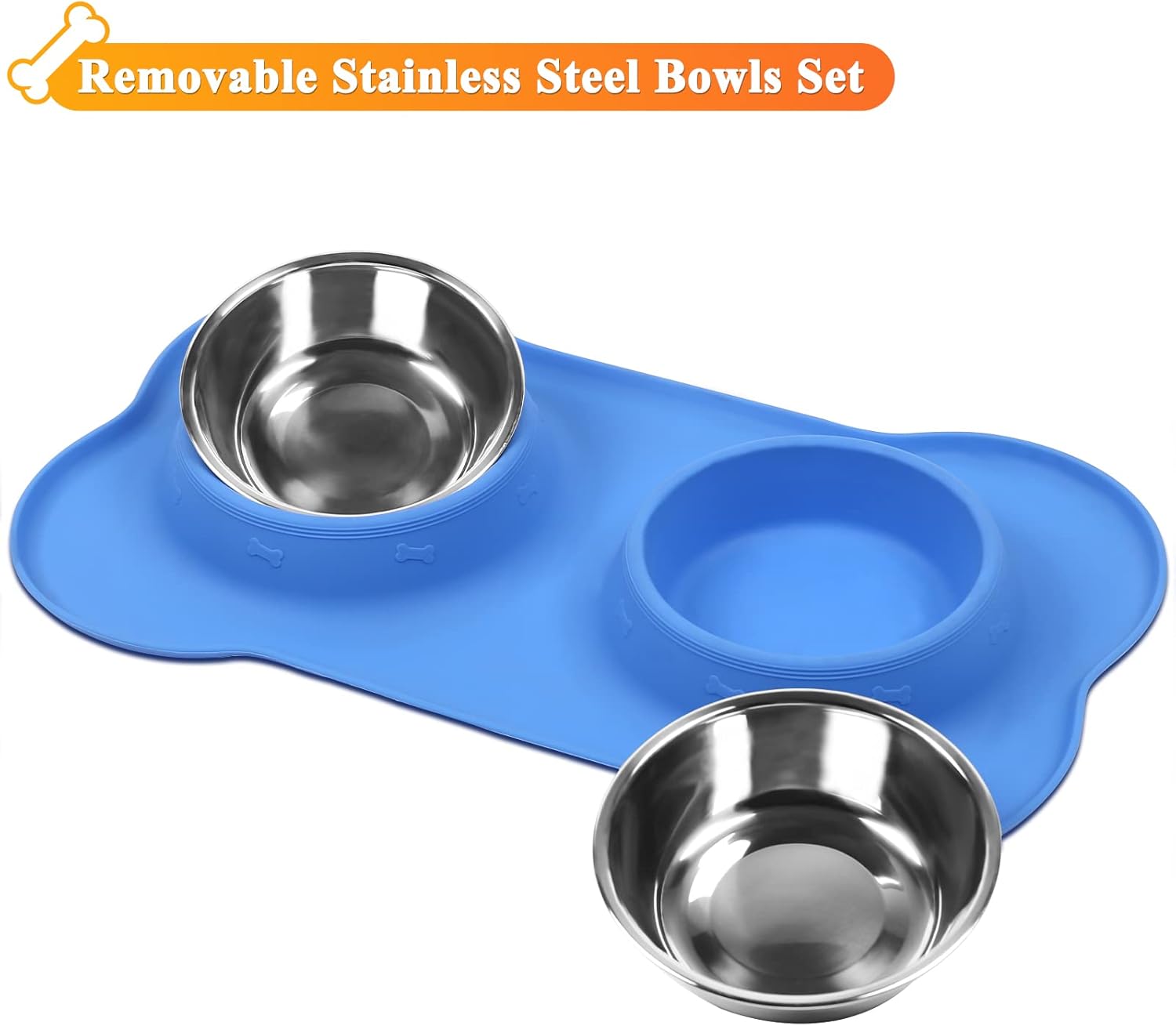 Dog Bowls, Dog Food Bowls, Stainless Steel Cat Puppy Water Bowls with Non Spill Skid Resistant Silicone Mat, Medium, Blue