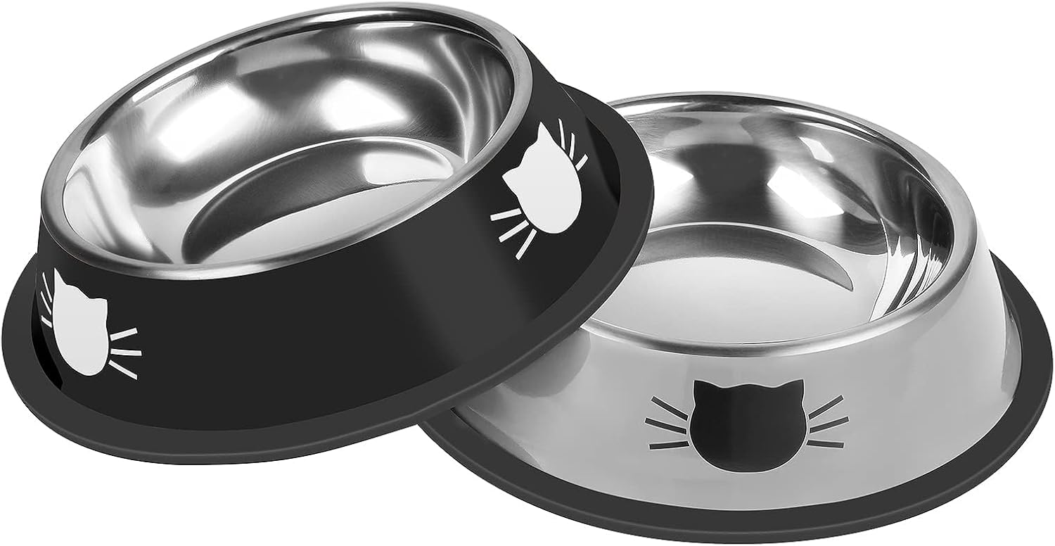 2 Pcs Non-Slip Stainless Steel Small Cat Food Bowls - Unbreakable, 7 Oz, Removable Rubber Base, Easy to Clean, Lovely Color