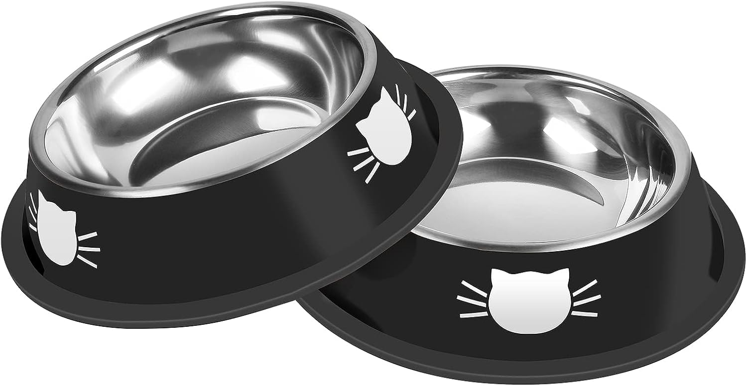 2 Pcs Non-Slip Stainless Steel Small Cat Food Bowls - Unbreakable, 7 Oz, Removable Rubber Base, Easy to Clean, Lovely Color