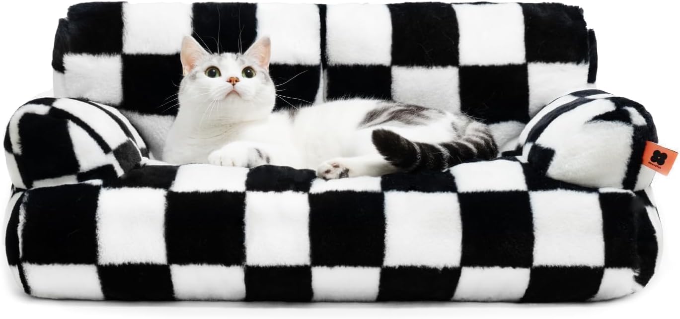 Cat Bed for Indoor Cats, Washable Dog Beds for Small Dogs & Cats with Removable Cover, Fluffy Cat Couch with Non-Slip Bottom (Beige, 26.0" L X 19.0" W X 13.0" Th)