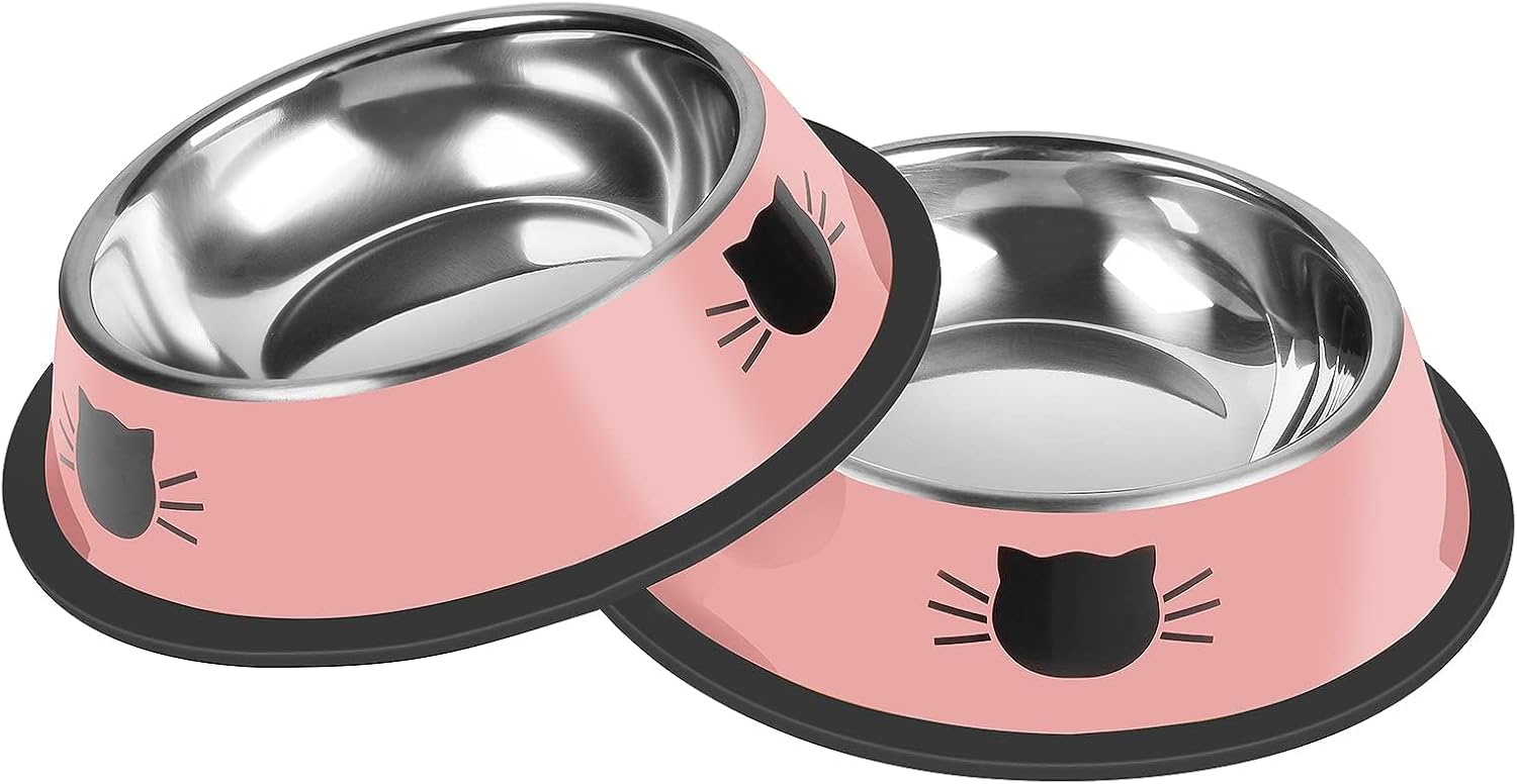 2 Pcs Non-Slip Stainless Steel Small Cat Food Bowls - Unbreakable, 7 Oz, Removable Rubber Base, Easy to Clean, Lovely Color