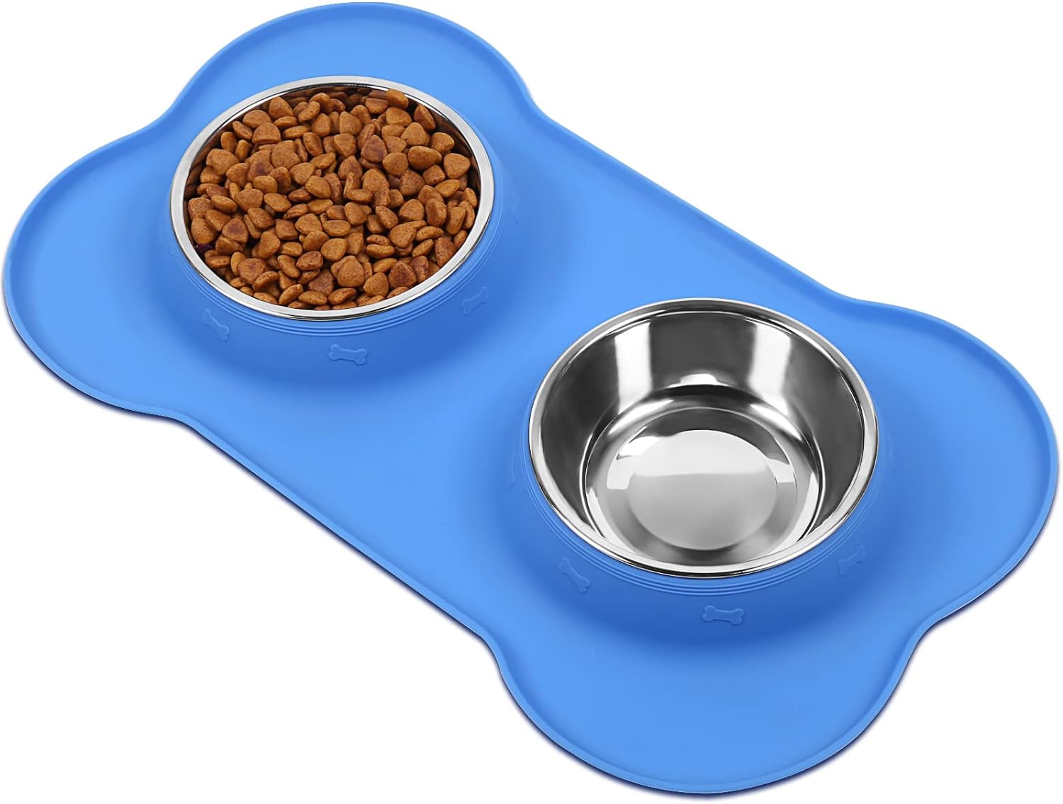 Dog Bowls, Dog Food Bowls, Stainless Steel Cat Puppy Water Bowls with Non Spill Skid Resistant Silicone Mat, Medium, Blue