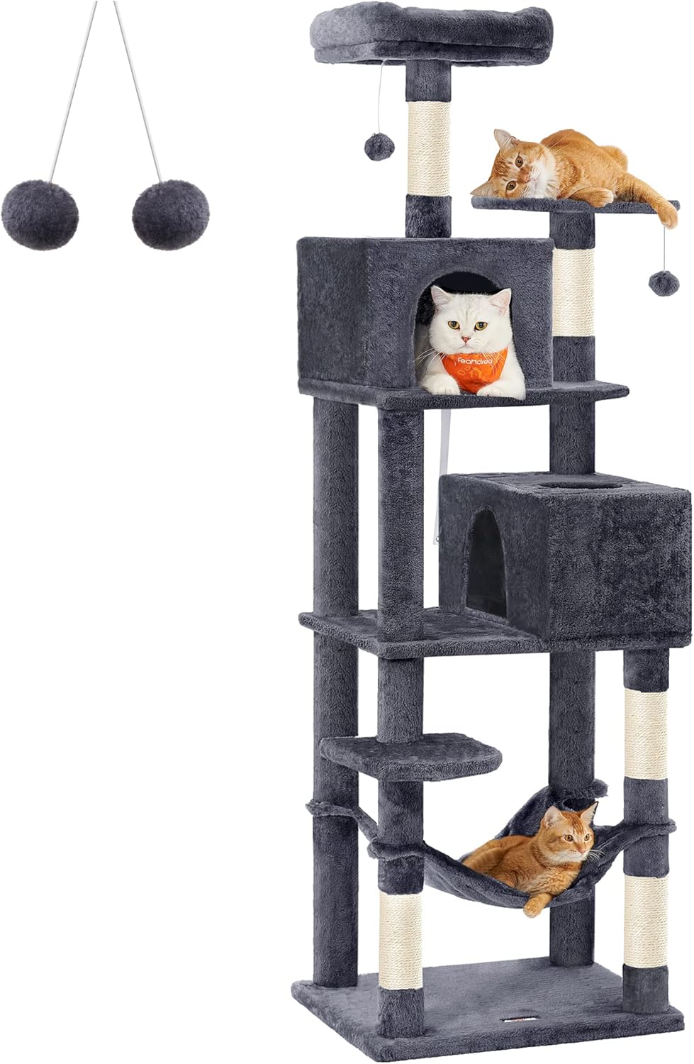 Cat Tree, 61-Inch Cat Tower for Indoor Cats, Plush Multi-Level Cat Condo with 5 Scratching Posts, 2 Perches, 2 Caves, Hammock, 2 Pompoms, Beige UPCT192M01