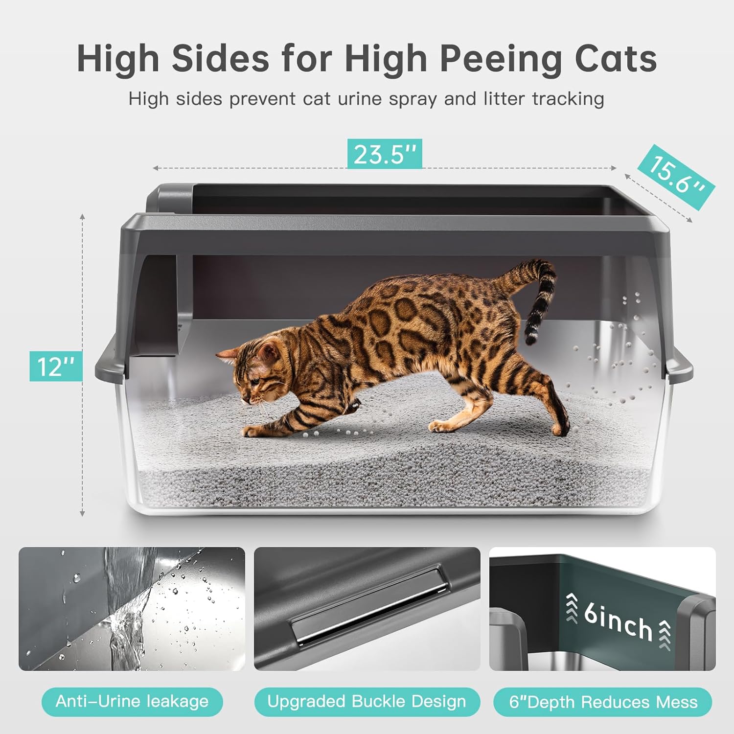 Enclosed Stainless Steel Cat Litter Box with Lid, XL Extra Large Litter Box for Big Cats, Metal Litter Pan High Sided, Never Absorbs Odors, Anti-Urine Leakage, Easy Cleaning, Include Scoop