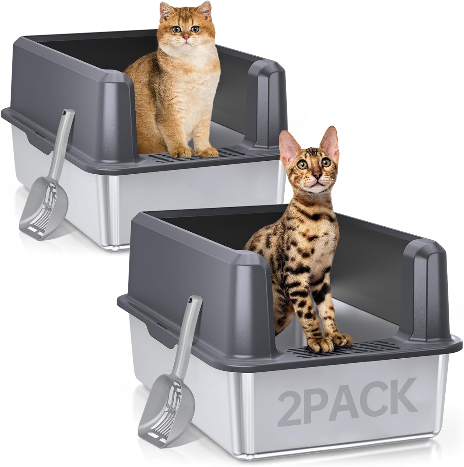 Enclosed Stainless Steel Cat Litter Box with Lid, XL Extra Large Litter Box for Big Cats, Metal Litter Pan High Sided, Never Absorbs Odors, Anti-Urine Leakage, Easy Cleaning, Include Scoop