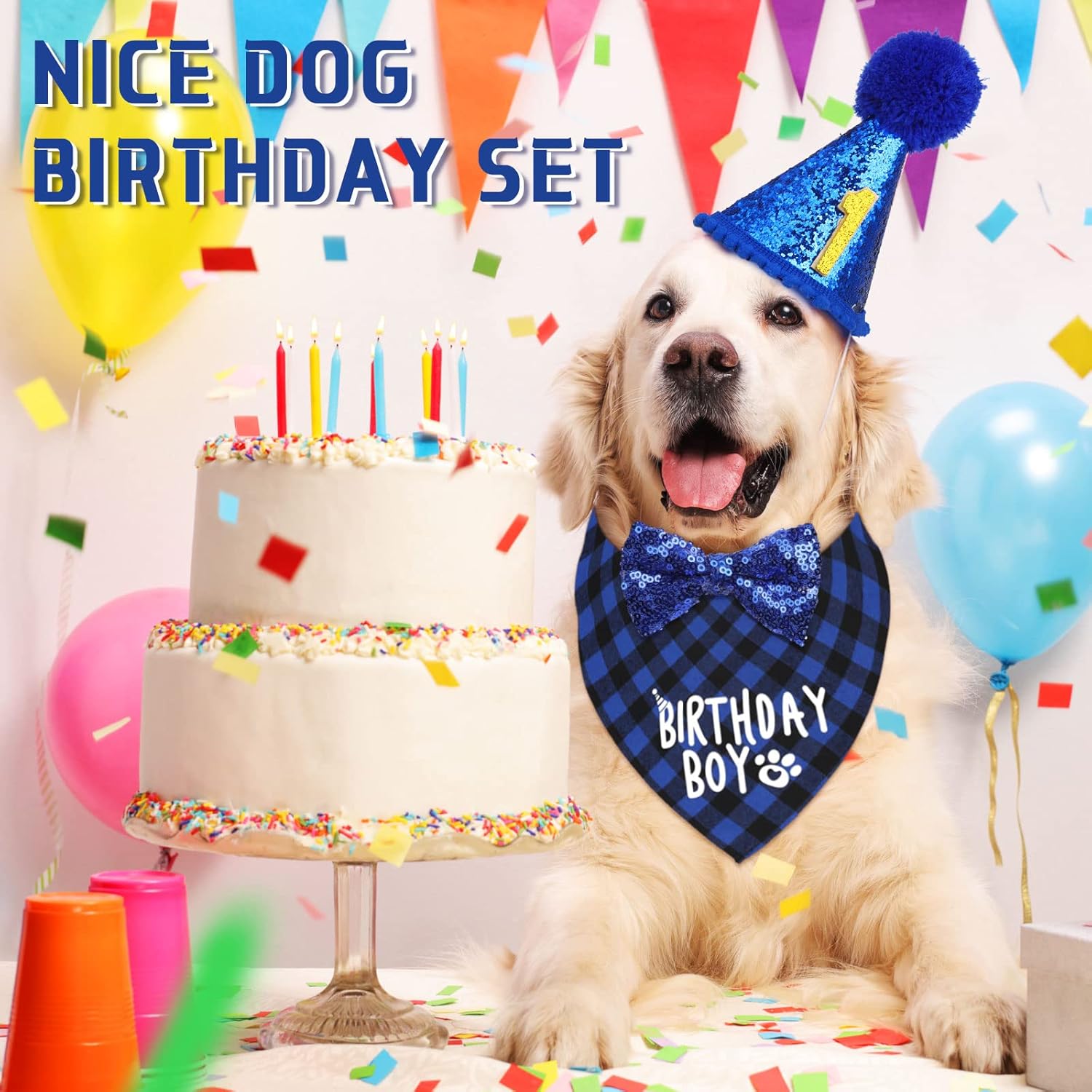 Dog Birthday Party Supplies Birthday Boy Girl Cake Bandana Triangle Scarf Party Hat Dog Bow Tie Collar with Numbers for Large Medium Small Dog Puppy 1St Birthday(Elegant Style,Medium)
