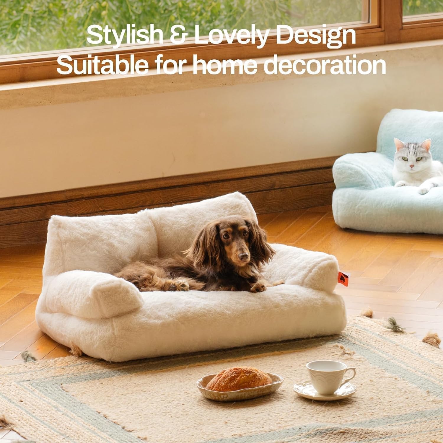 Cat Bed for Indoor Cats, Washable Dog Beds for Small Dogs & Cats with Removable Cover, Fluffy Cat Couch with Non-Slip Bottom (Beige, 26.0" L X 19.0" W X 13.0" Th)