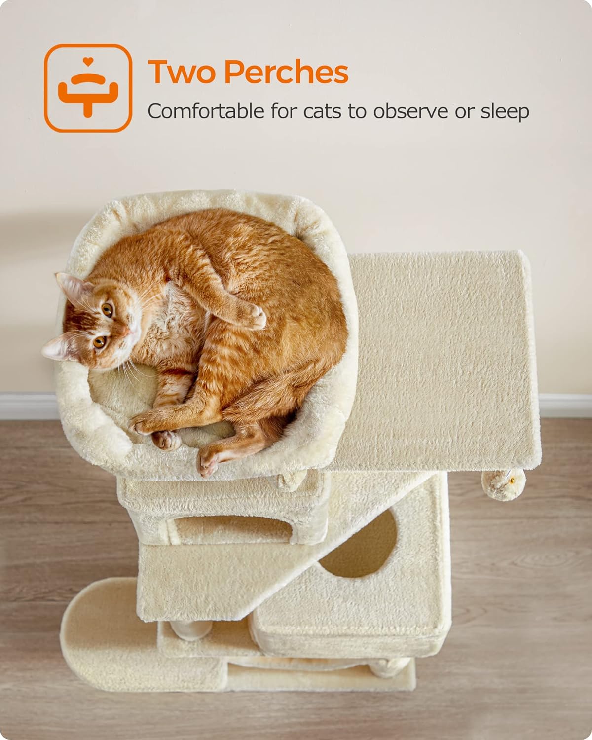 Cat Tree, 61-Inch Cat Tower for Indoor Cats, Plush Multi-Level Cat Condo with 5 Scratching Posts, 2 Perches, 2 Caves, Hammock, 2 Pompoms, Beige UPCT192M01