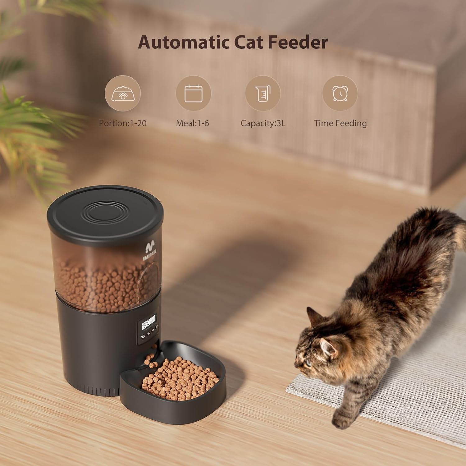 Automatic Cat Feeders, 3L Timed Cat Dry Food Dispenser, Dual Power Supply, Programmable Portion Size, 1-6 Meals per Day, Auto Pet Feeder for Cats and Small Dogs