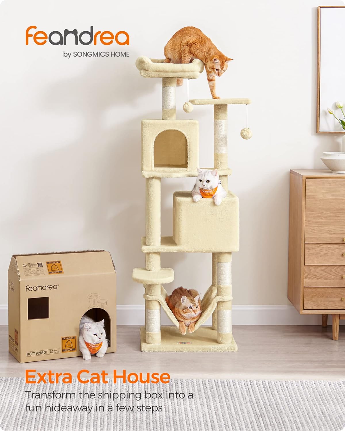 Cat Tree, 61-Inch Cat Tower for Indoor Cats, Plush Multi-Level Cat Condo with 5 Scratching Posts, 2 Perches, 2 Caves, Hammock, 2 Pompoms, Beige UPCT192M01