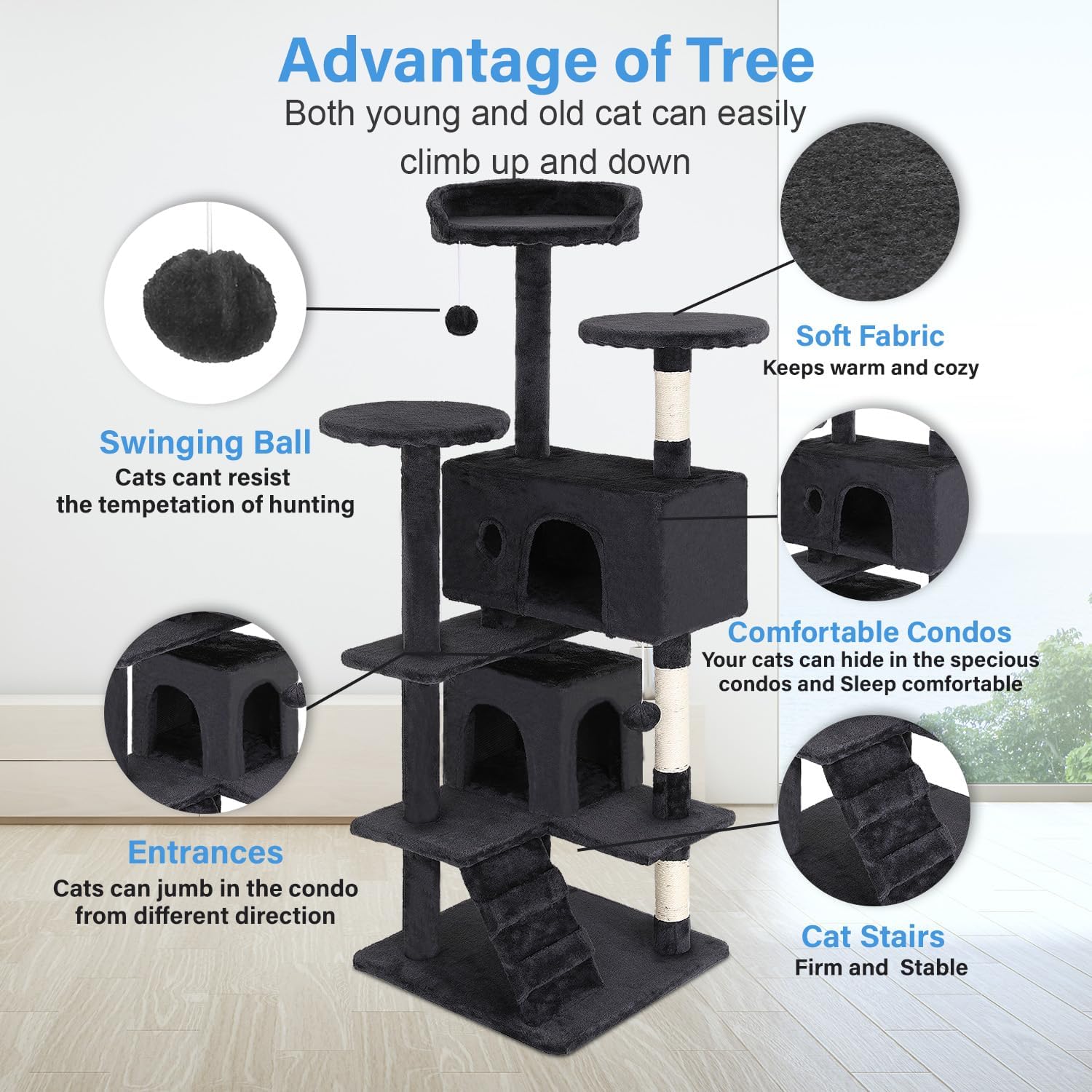 Cat Tree 54In Cat Tower Multi-Level Durable Cat Scratching Post & Cozy Fun Cat Jumping Platform Space Saving Cat Condo Pet Play House for Indoor Cats,Dark Gray