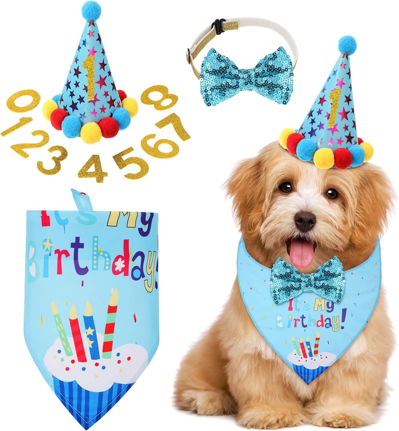 Dog Birthday Party Supplies Birthday Boy Girl Cake Bandana Triangle Scarf Party Hat Dog Bow Tie Collar with Numbers for Large Medium Small Dog Puppy 1St Birthday(Elegant Style,Medium)