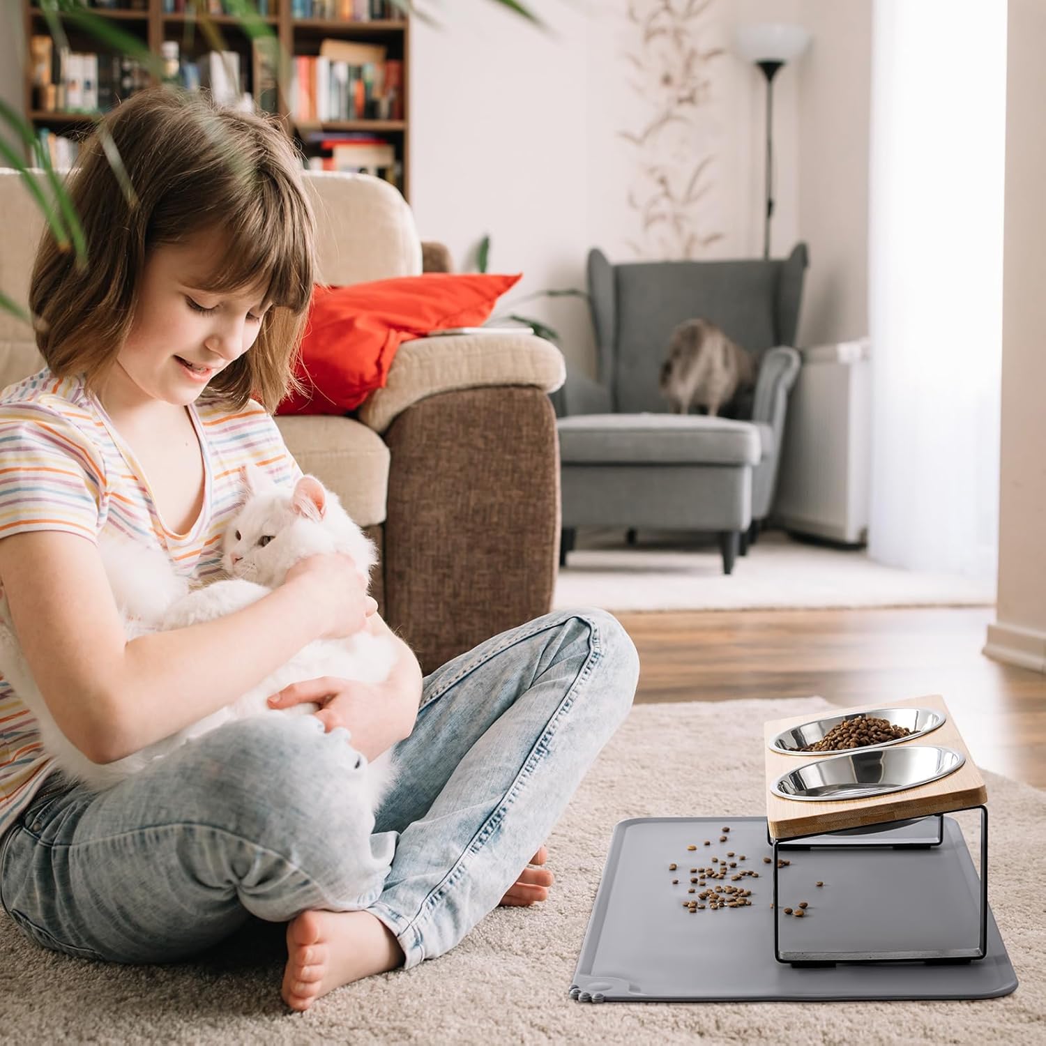 Upgraded Elevated Cat Bowls with Food Mat,15°Tilted Stand anti Vomiting Raised Cat Dishes for Food and Water,2 Stainless Steel Bowls for Cats and Puppy