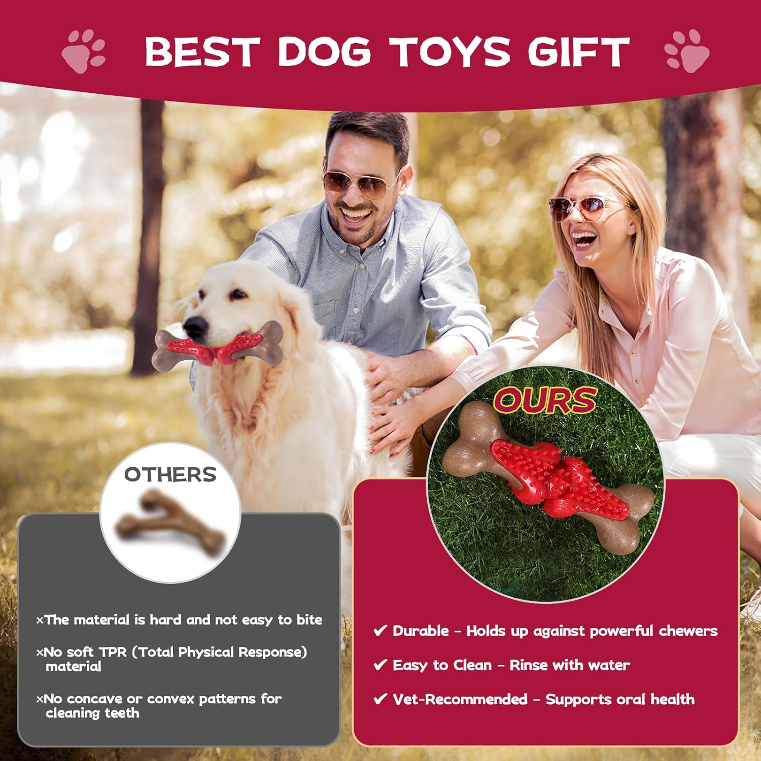 Durable Dog Chew Toys for Large Dogs - Tough Bone-Shaped Dental Chew with TPR Rubber & Wood Fiber, Teething & Aggressive Chewer Toys for Medium/Large Breed, Long-Lasting Teeth Cleaning & Stimulation