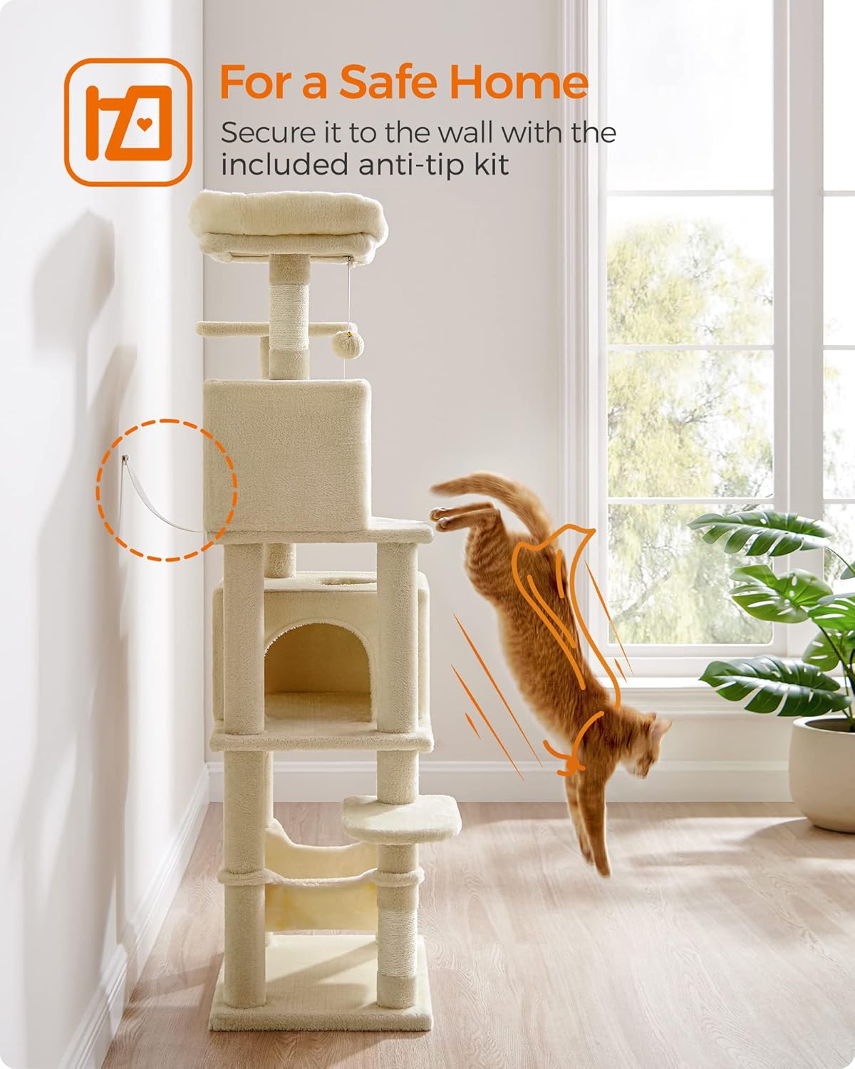 Cat Tree, 61-Inch Cat Tower for Indoor Cats, Plush Multi-Level Cat Condo with 5 Scratching Posts, 2 Perches, 2 Caves, Hammock, 2 Pompoms, Beige UPCT192M01