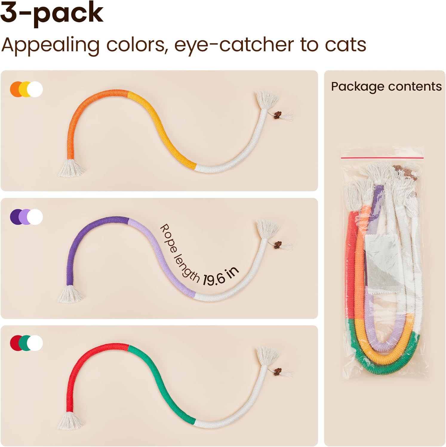 Cat Toys Chew Ropes 3Pcs with Refillable Natural Catnip, Safe Teeth Cleaning Toy for Indoor Kittens, Interactive Cat Nip Kitty Toys for All Breeds 19.5 Inches