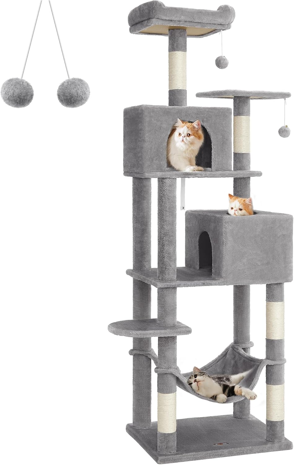 Cat Tree, 61-Inch Cat Tower for Indoor Cats, Plush Multi-Level Cat Condo with 5 Scratching Posts, 2 Perches, 2 Caves, Hammock, 2 Pompoms, Beige UPCT192M01