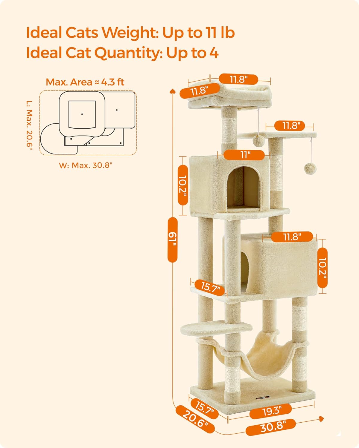 Cat Tree, 61-Inch Cat Tower for Indoor Cats, Plush Multi-Level Cat Condo with 5 Scratching Posts, 2 Perches, 2 Caves, Hammock, 2 Pompoms, Beige UPCT192M01