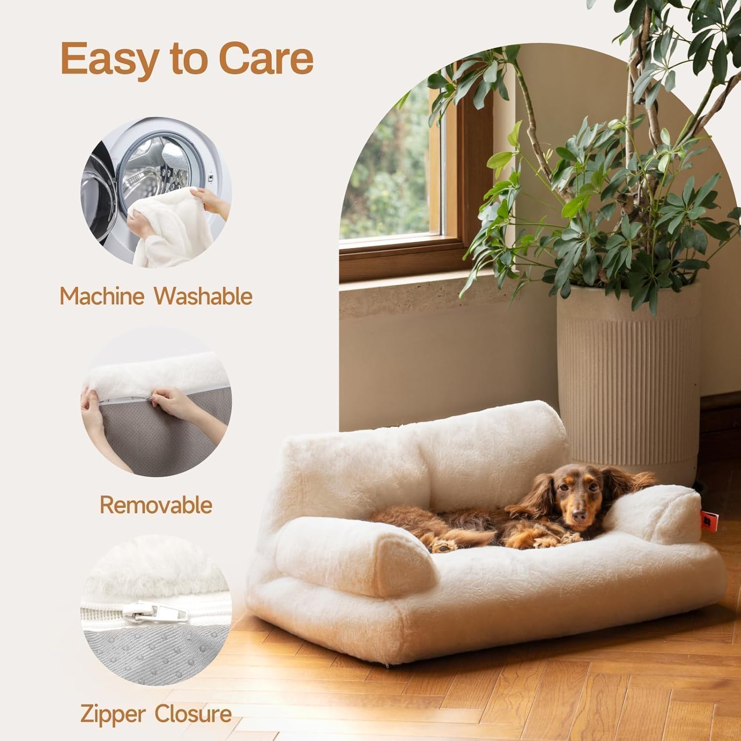 Cat Bed for Indoor Cats, Washable Dog Beds for Small Dogs & Cats with Removable Cover, Fluffy Cat Couch with Non-Slip Bottom (Beige, 26.0" L X 19.0" W X 13.0" Th)