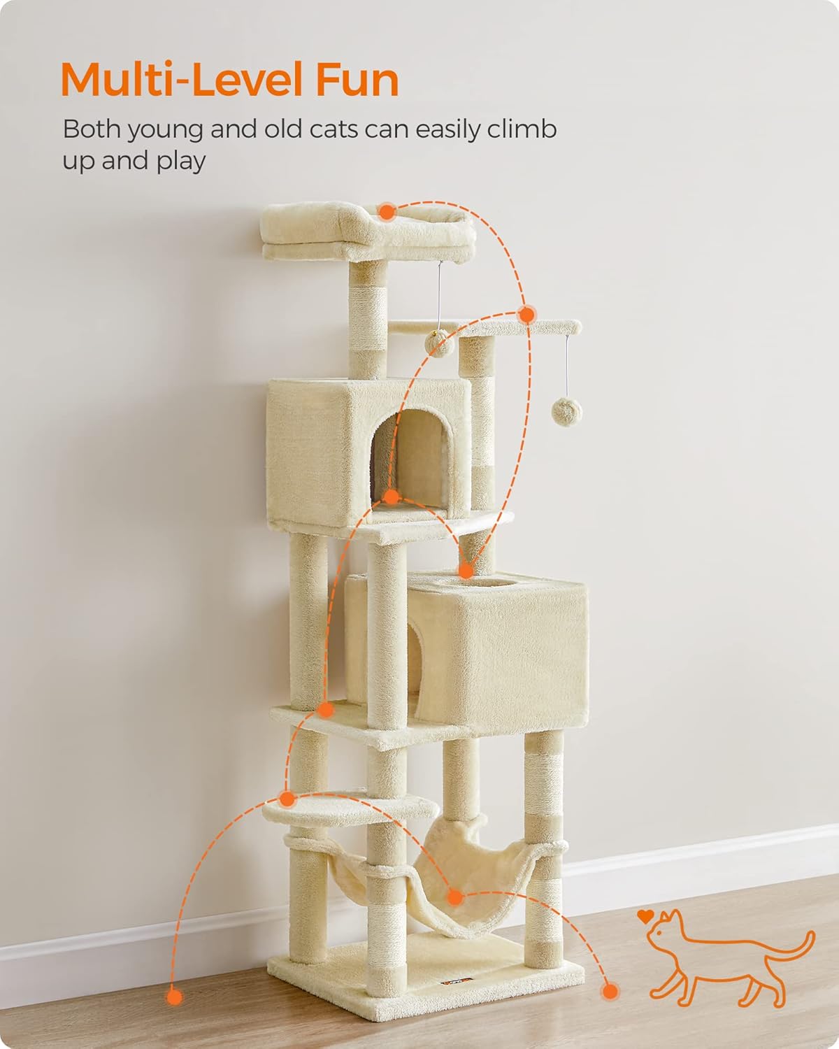 Cat Tree, 61-Inch Cat Tower for Indoor Cats, Plush Multi-Level Cat Condo with 5 Scratching Posts, 2 Perches, 2 Caves, Hammock, 2 Pompoms, Beige UPCT192M01