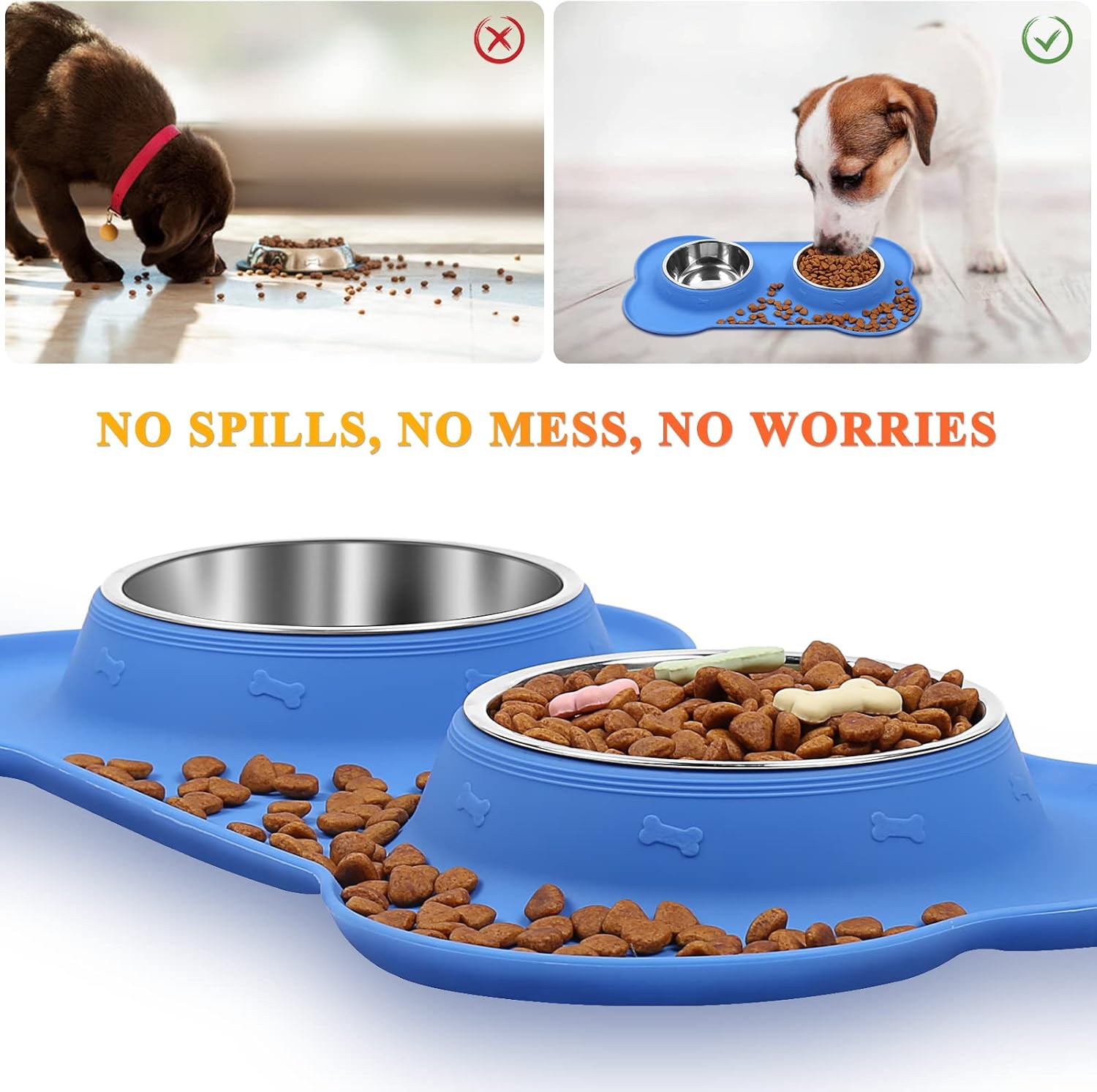 Dog Bowls, Dog Food Bowls, Stainless Steel Cat Puppy Water Bowls with Non Spill Skid Resistant Silicone Mat, Medium, Blue