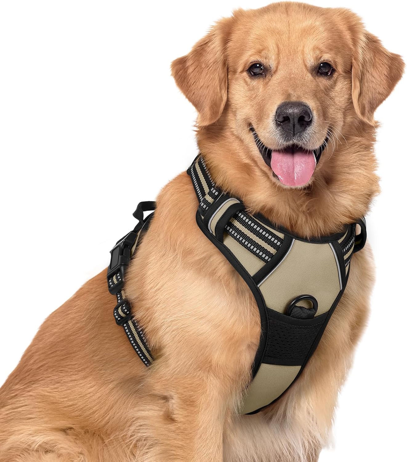 Dog Harness No Pull with 2 Leash Clips, Adjustable Soft Padded, Reflective Oxford No Choke Pet Vest with Easy Control Handle for Large Dogs, Beige, XL