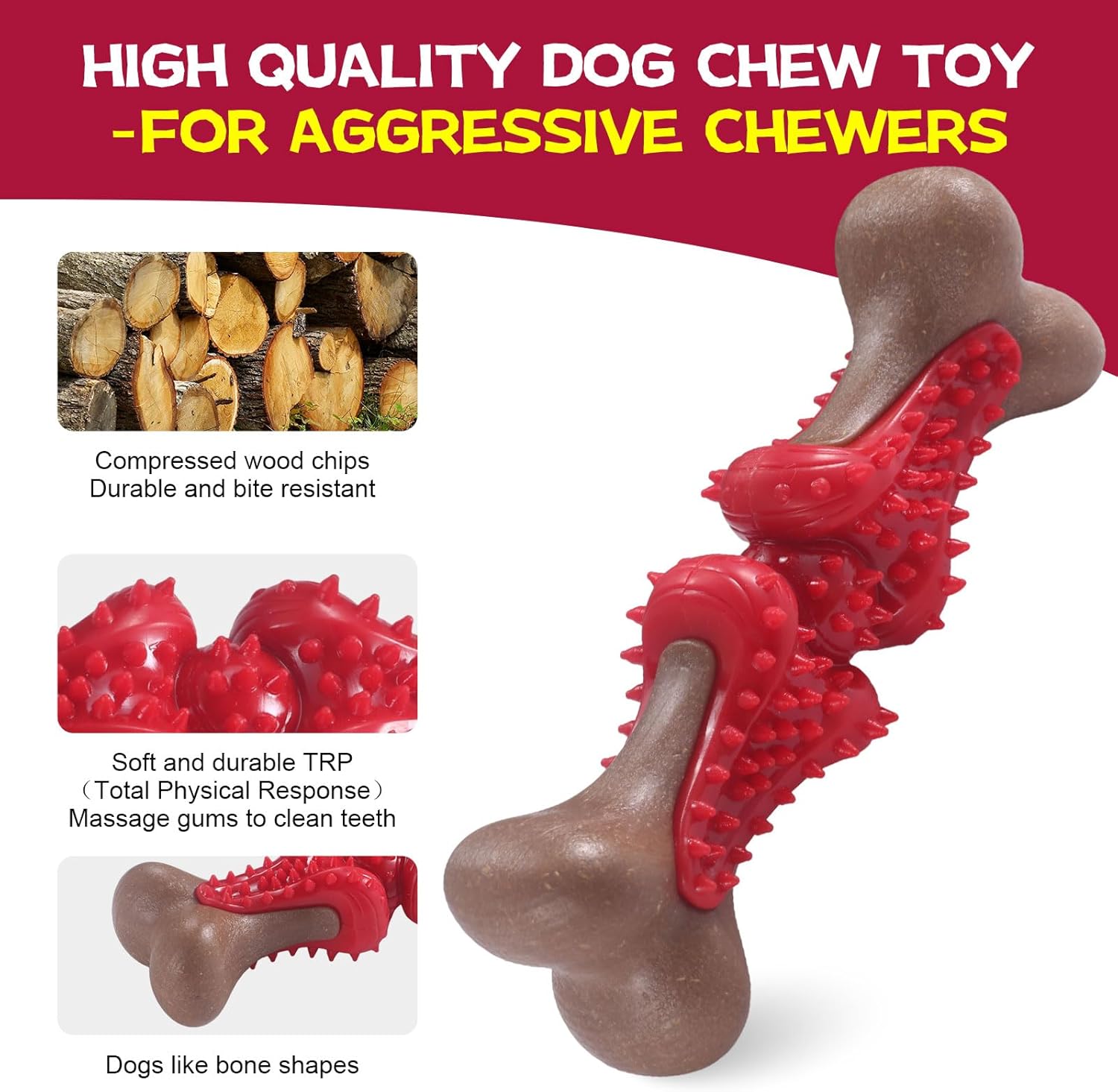 Durable Dog Chew Toys for Large Dogs - Tough Bone-Shaped Dental Chew with TPR Rubber & Wood Fiber, Teething & Aggressive Chewer Toys for Medium/Large Breed, Long-Lasting Teeth Cleaning & Stimulation