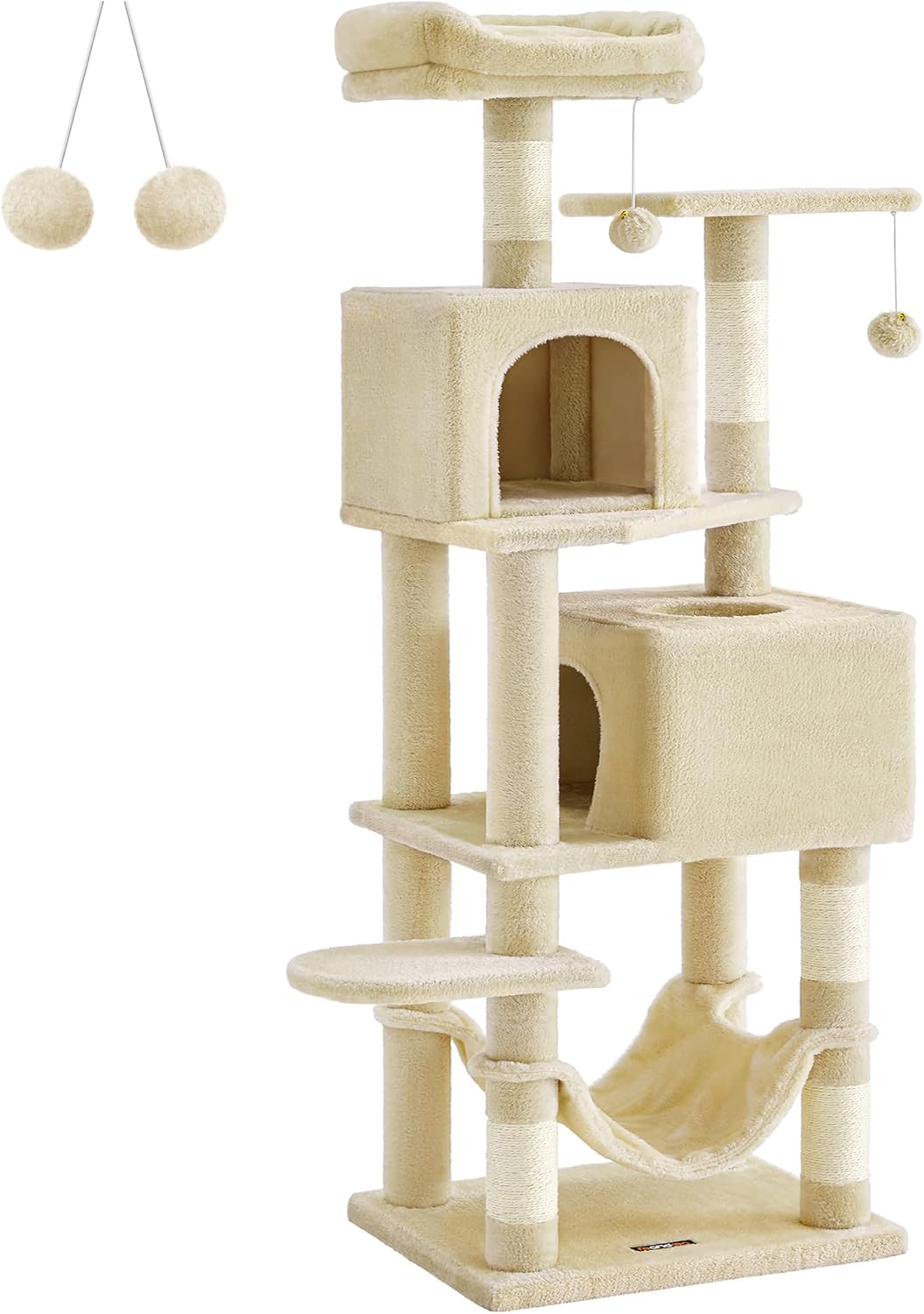 Cat Tree, 61-Inch Cat Tower for Indoor Cats, Plush Multi-Level Cat Condo with 5 Scratching Posts, 2 Perches, 2 Caves, Hammock, 2 Pompoms, Beige UPCT192M01