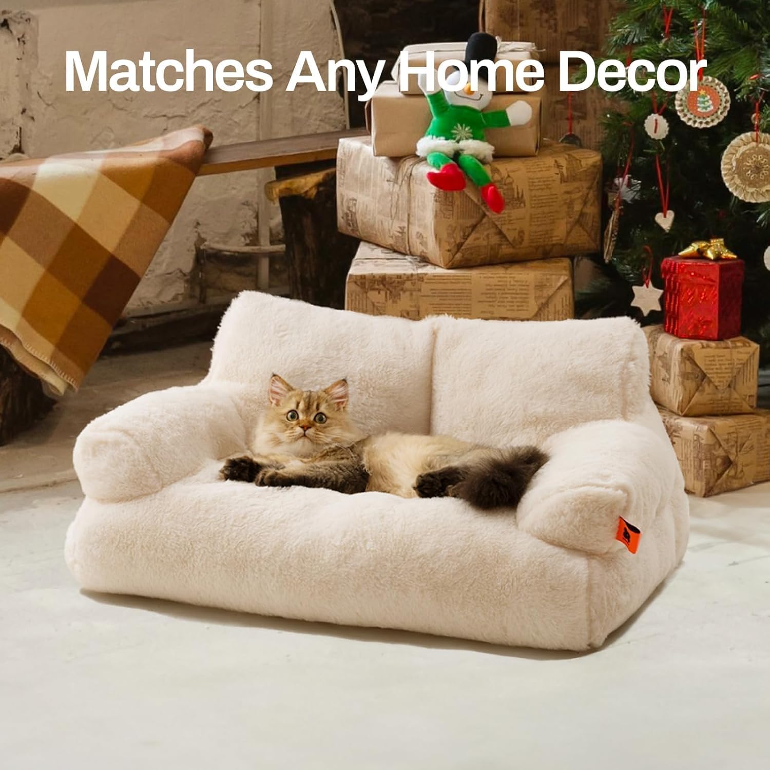 Cat Bed for Indoor Cats, Washable Dog Beds for Small Dogs & Cats with Removable Cover, Fluffy Cat Couch with Non-Slip Bottom (Beige, 26.0" L X 19.0" W X 13.0" Th)