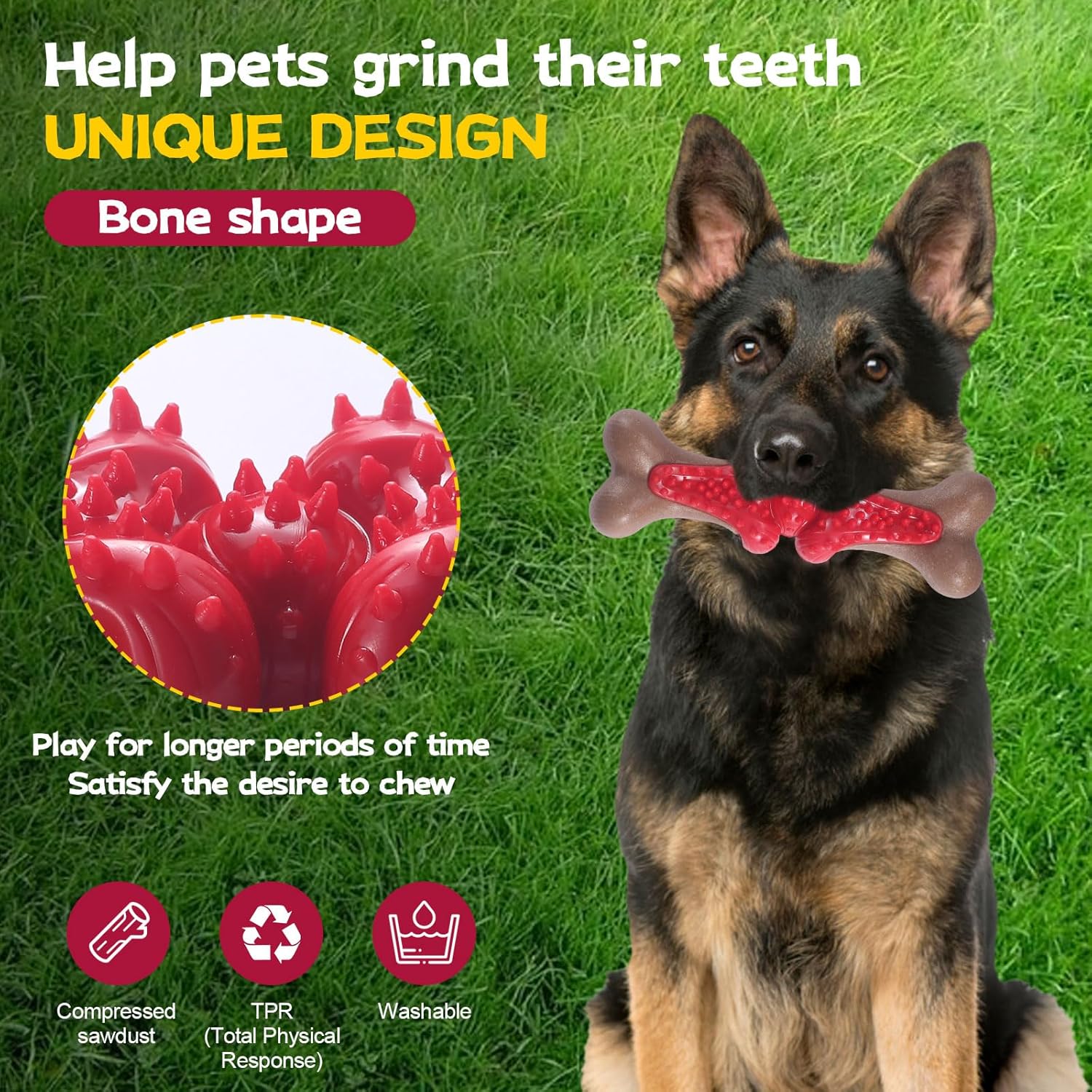 Durable Dog Chew Toys for Large Dogs - Tough Bone-Shaped Dental Chew with TPR Rubber & Wood Fiber, Teething & Aggressive Chewer Toys for Medium/Large Breed, Long-Lasting Teeth Cleaning & Stimulation