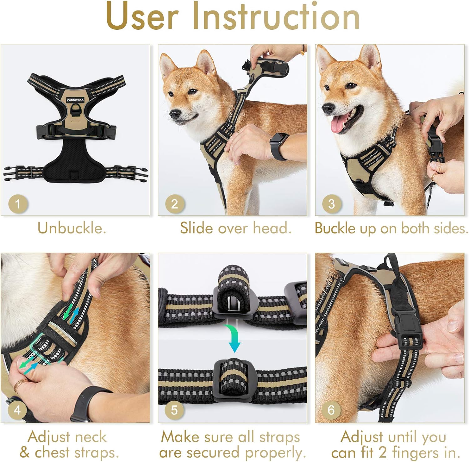 Dog Harness No Pull with 2 Leash Clips, Adjustable Soft Padded, Reflective Oxford No Choke Pet Vest with Easy Control Handle for Large Dogs, Beige, XL