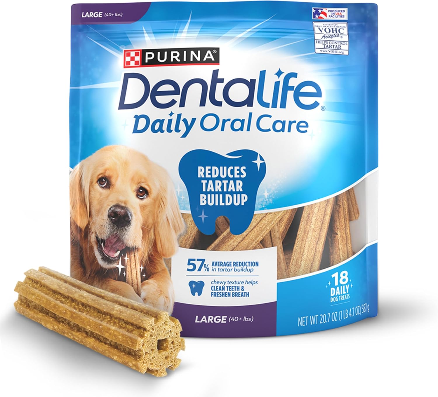 Purina  Made in USA Facilities Large Dog Dental Chews, Daily - 18 Ct. Pouch