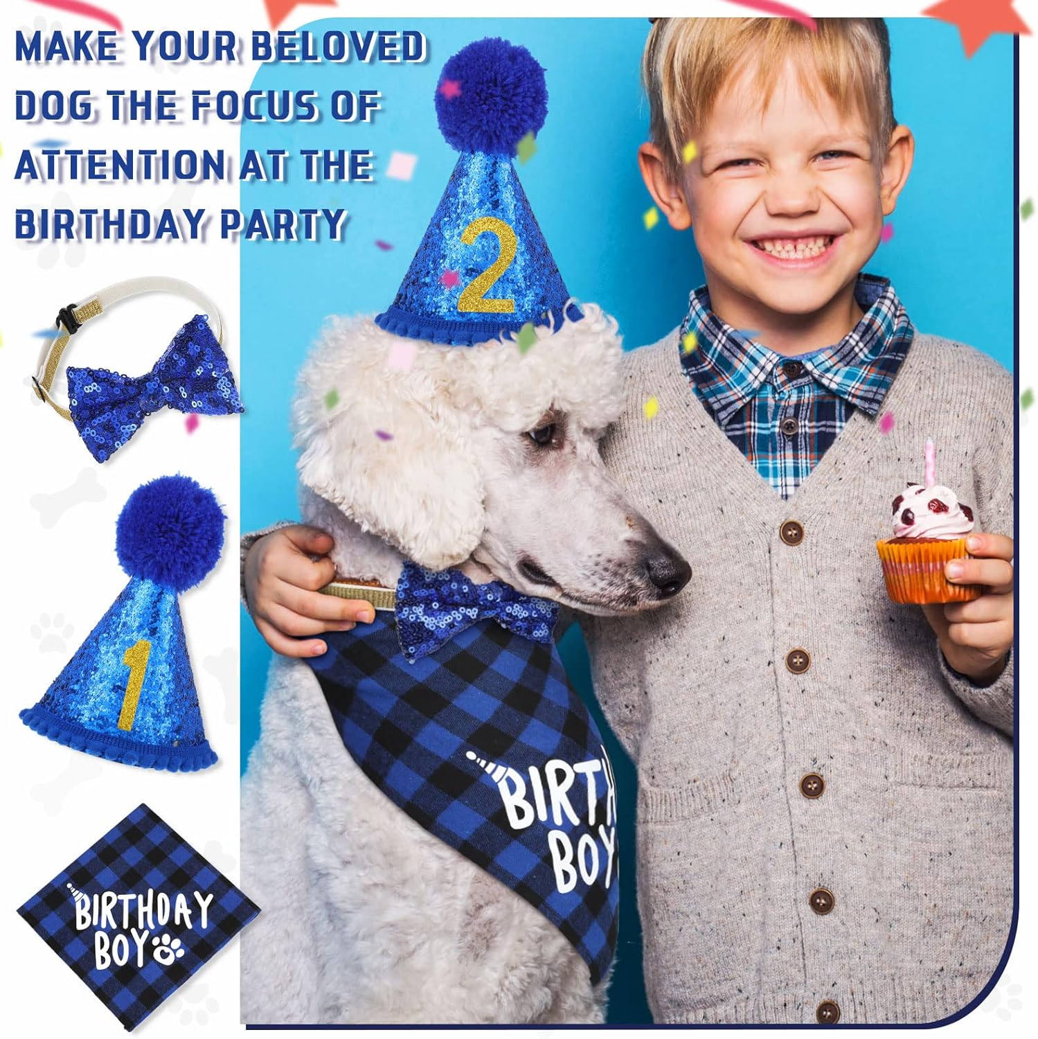 Dog Birthday Party Supplies Birthday Boy Girl Cake Bandana Triangle Scarf Party Hat Dog Bow Tie Collar with Numbers for Large Medium Small Dog Puppy 1St Birthday(Elegant Style,Medium)