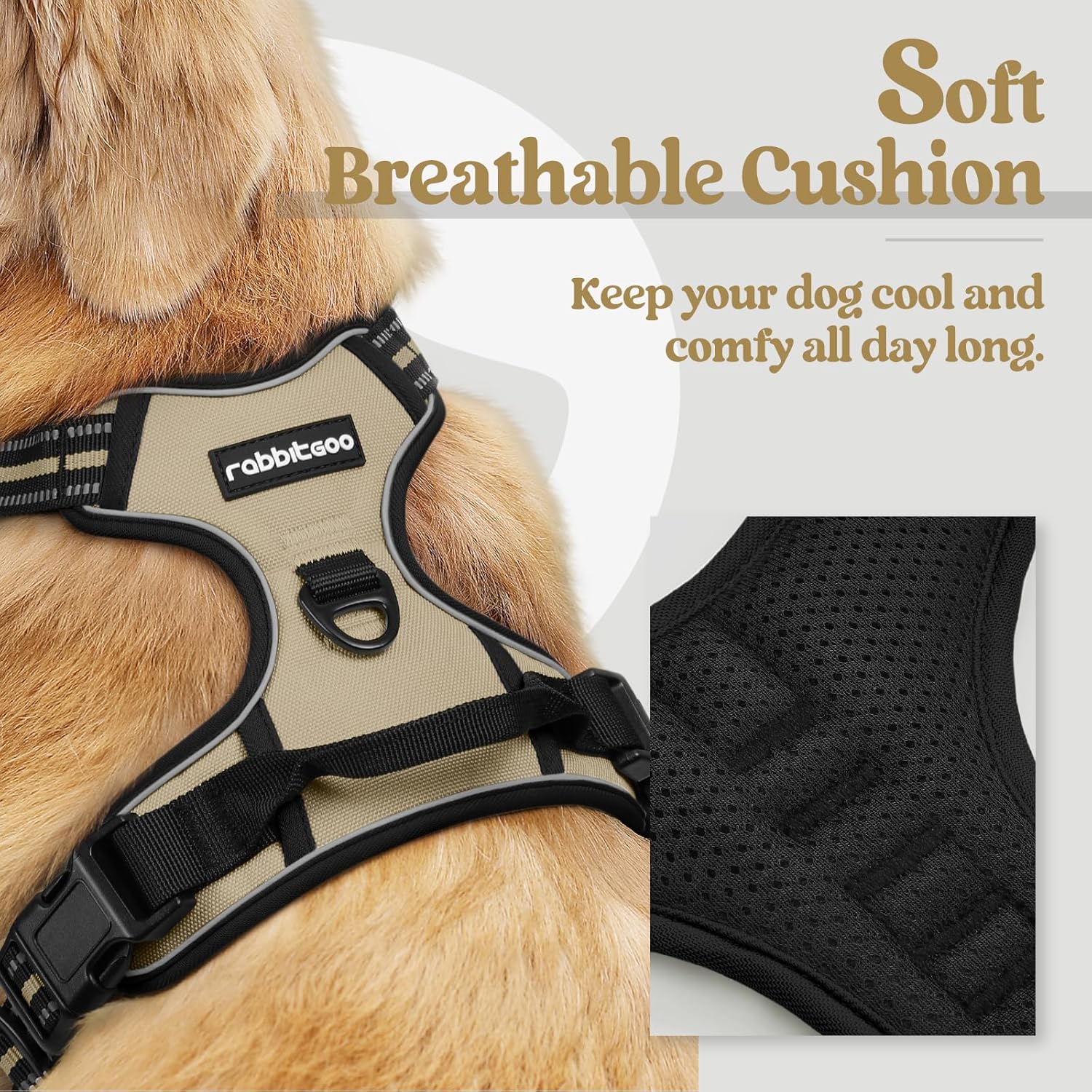 Dog Harness No Pull with 2 Leash Clips, Adjustable Soft Padded, Reflective Oxford No Choke Pet Vest with Easy Control Handle for Large Dogs, Beige, XL