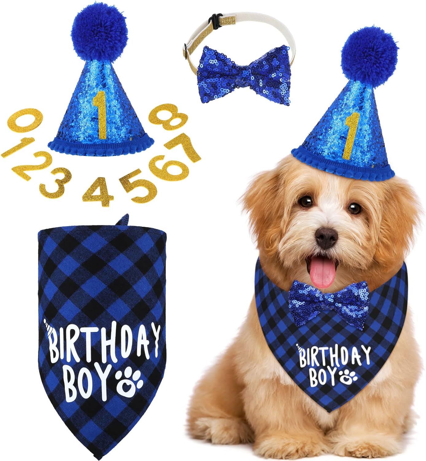 Dog Birthday Party Supplies Birthday Boy Girl Cake Bandana Triangle Scarf Party Hat Dog Bow Tie Collar with Numbers for Large Medium Small Dog Puppy 1St Birthday(Elegant Style,Medium)