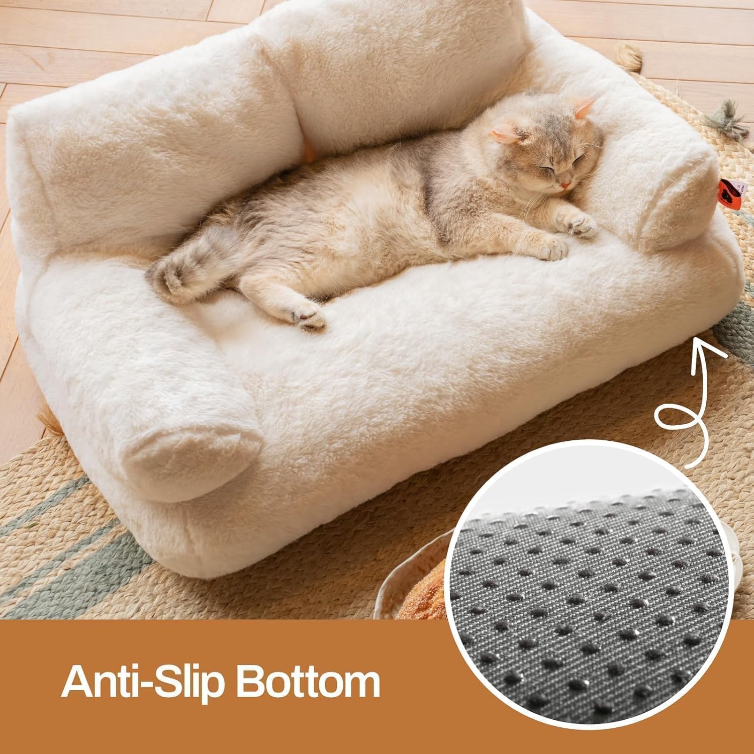 Cat Bed for Indoor Cats, Washable Dog Beds for Small Dogs & Cats with Removable Cover, Fluffy Cat Couch with Non-Slip Bottom (Beige, 26.0" L X 19.0" W X 13.0" Th)