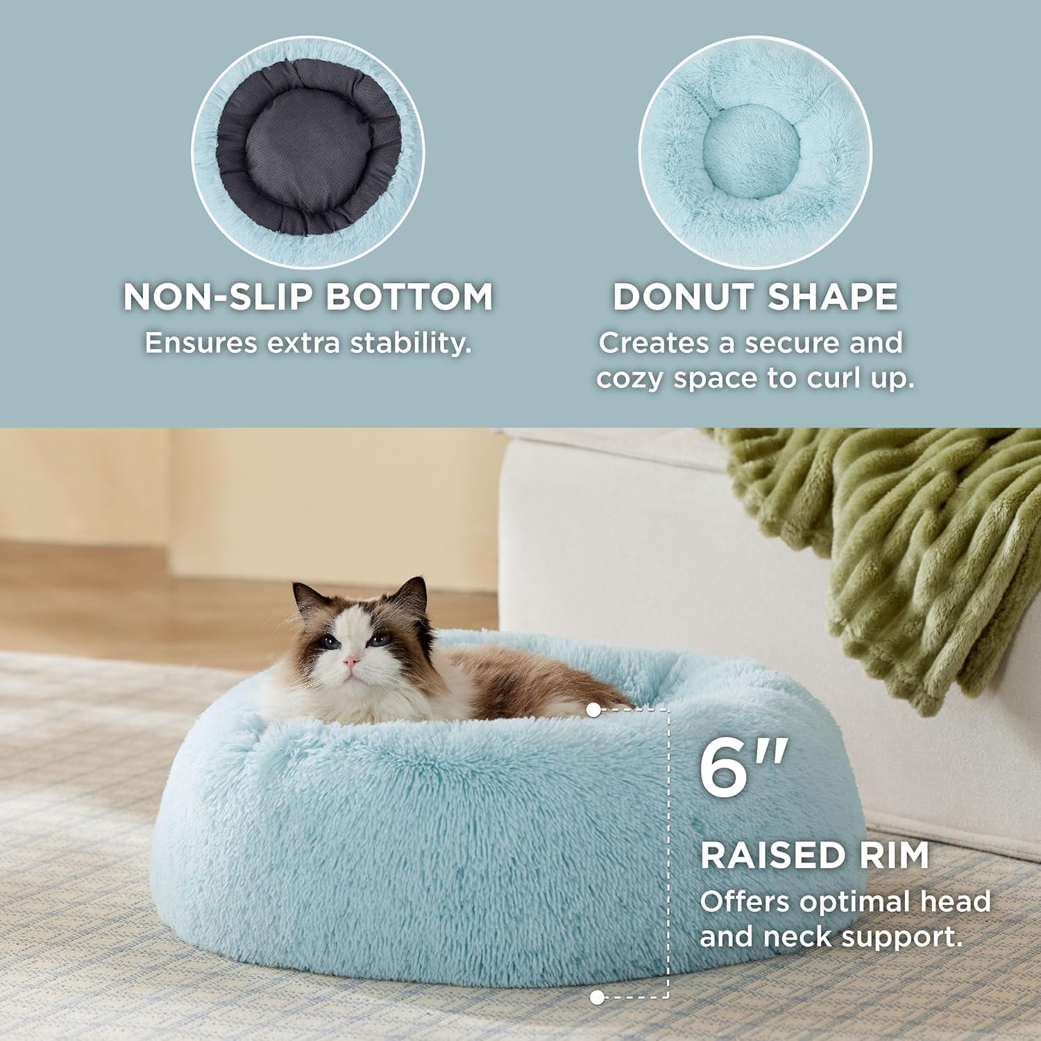 Calming Cat Beds for Indoor Cats - Small Cat Bed Washable 20 Inches, Anti-Slip round Fluffy Plush Faux Fur Pet Bed, Fits up to 15 Lbs Pets, Aqua Blue