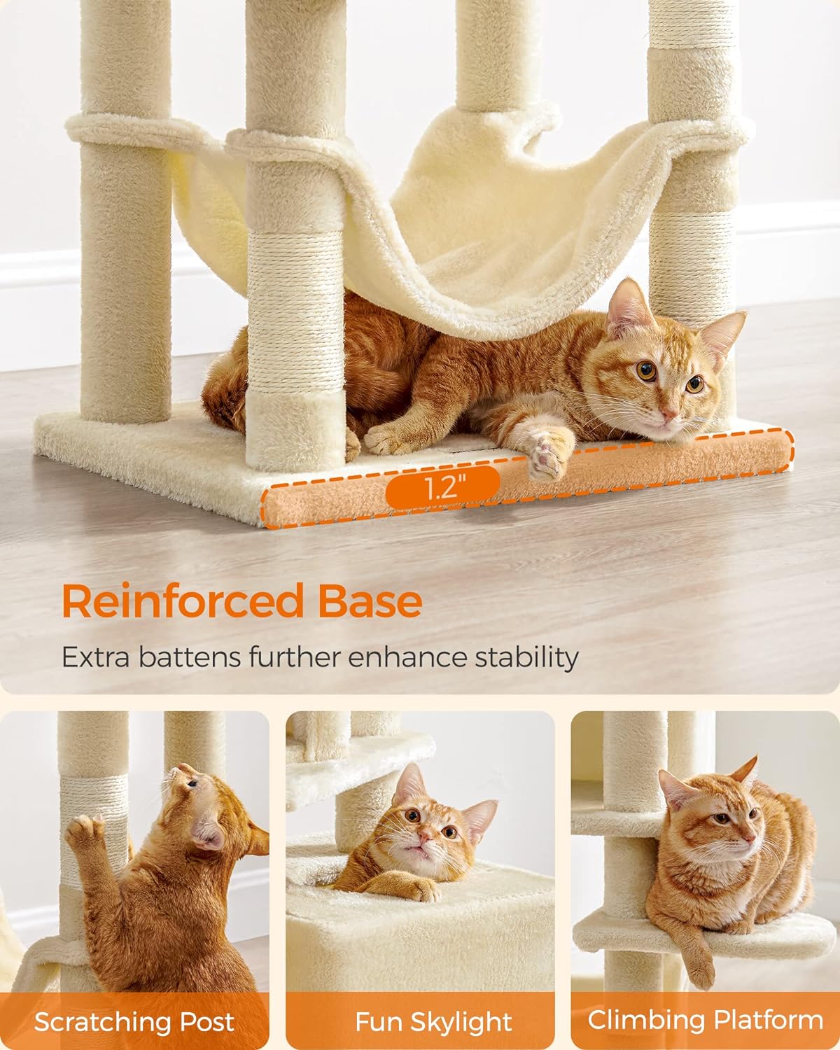 Cat Tree, 61-Inch Cat Tower for Indoor Cats, Plush Multi-Level Cat Condo with 5 Scratching Posts, 2 Perches, 2 Caves, Hammock, 2 Pompoms, Beige UPCT192M01
