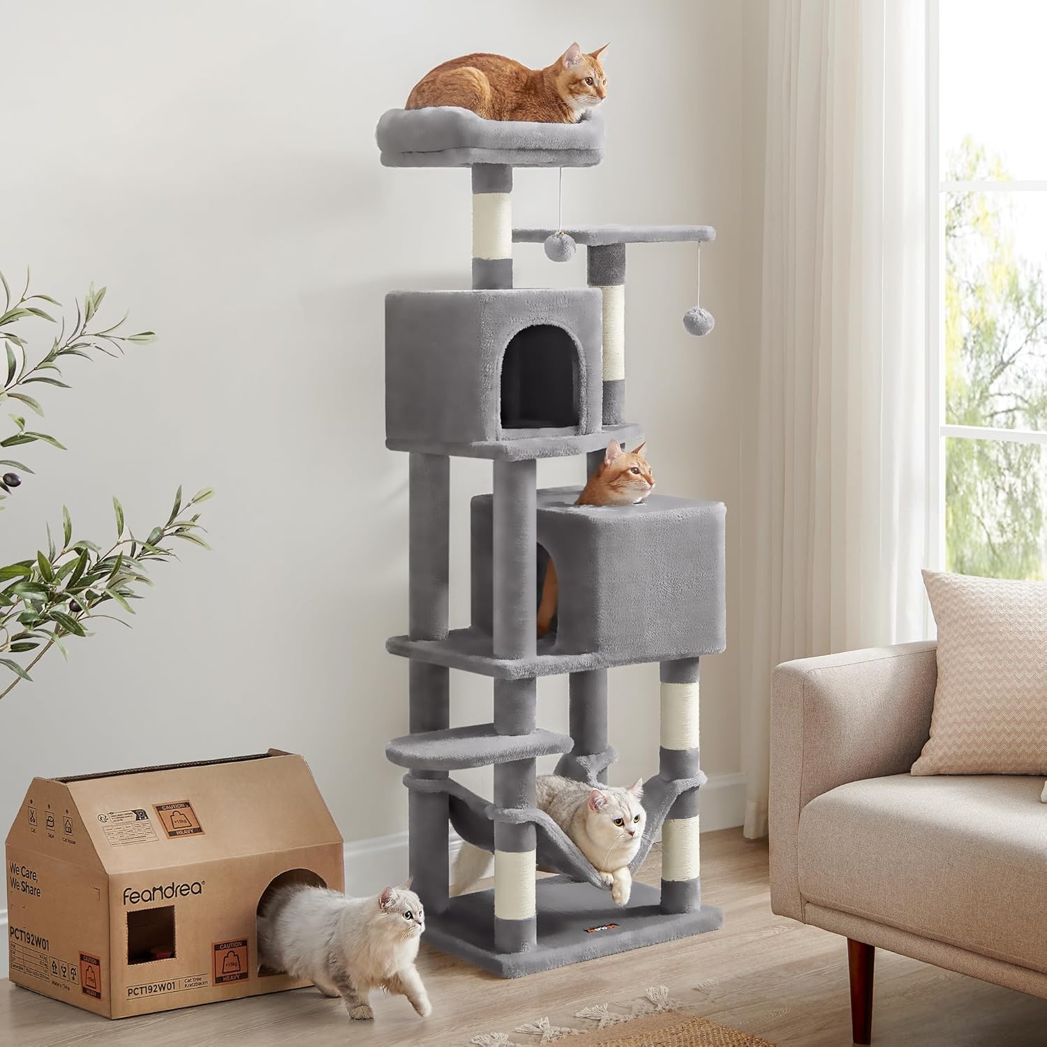 Cat Tree, 61-Inch Cat Tower for Indoor Cats, Plush Multi-Level Cat Condo with 5 Scratching Posts, 2 Perches, 2 Caves, Hammock, 2 Pompoms, Beige UPCT192M01