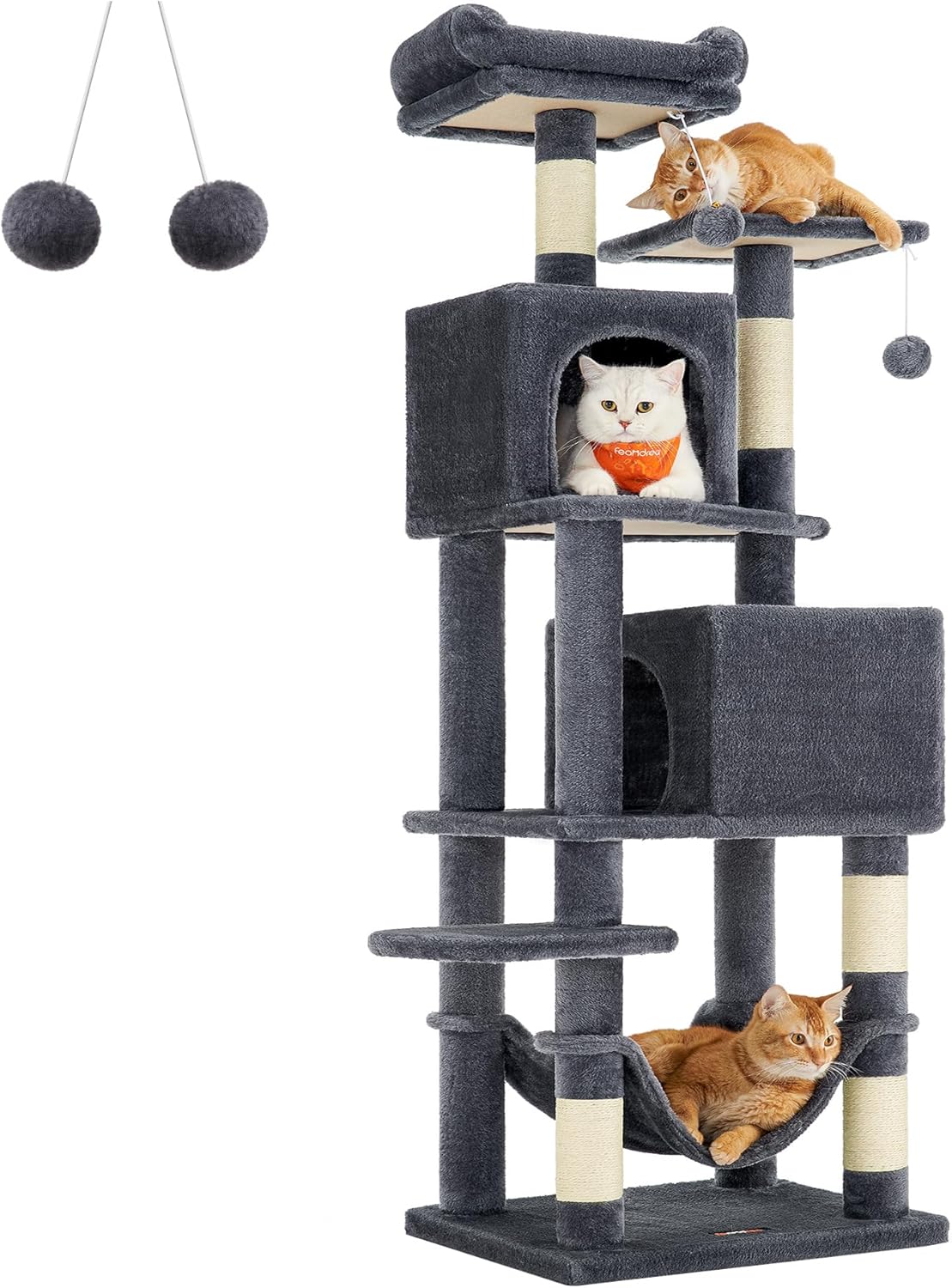 Cat Tree, 61-Inch Cat Tower for Indoor Cats, Plush Multi-Level Cat Condo with 5 Scratching Posts, 2 Perches, 2 Caves, Hammock, 2 Pompoms, Beige UPCT192M01