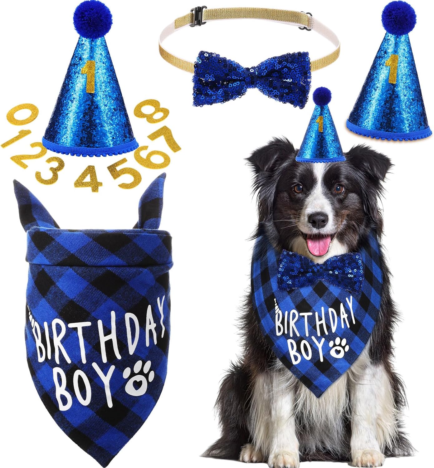 Dog Birthday Party Supplies Birthday Boy Girl Cake Bandana Triangle Scarf Party Hat Dog Bow Tie Collar with Numbers for Large Medium Small Dog Puppy 1St Birthday(Elegant Style,Medium)