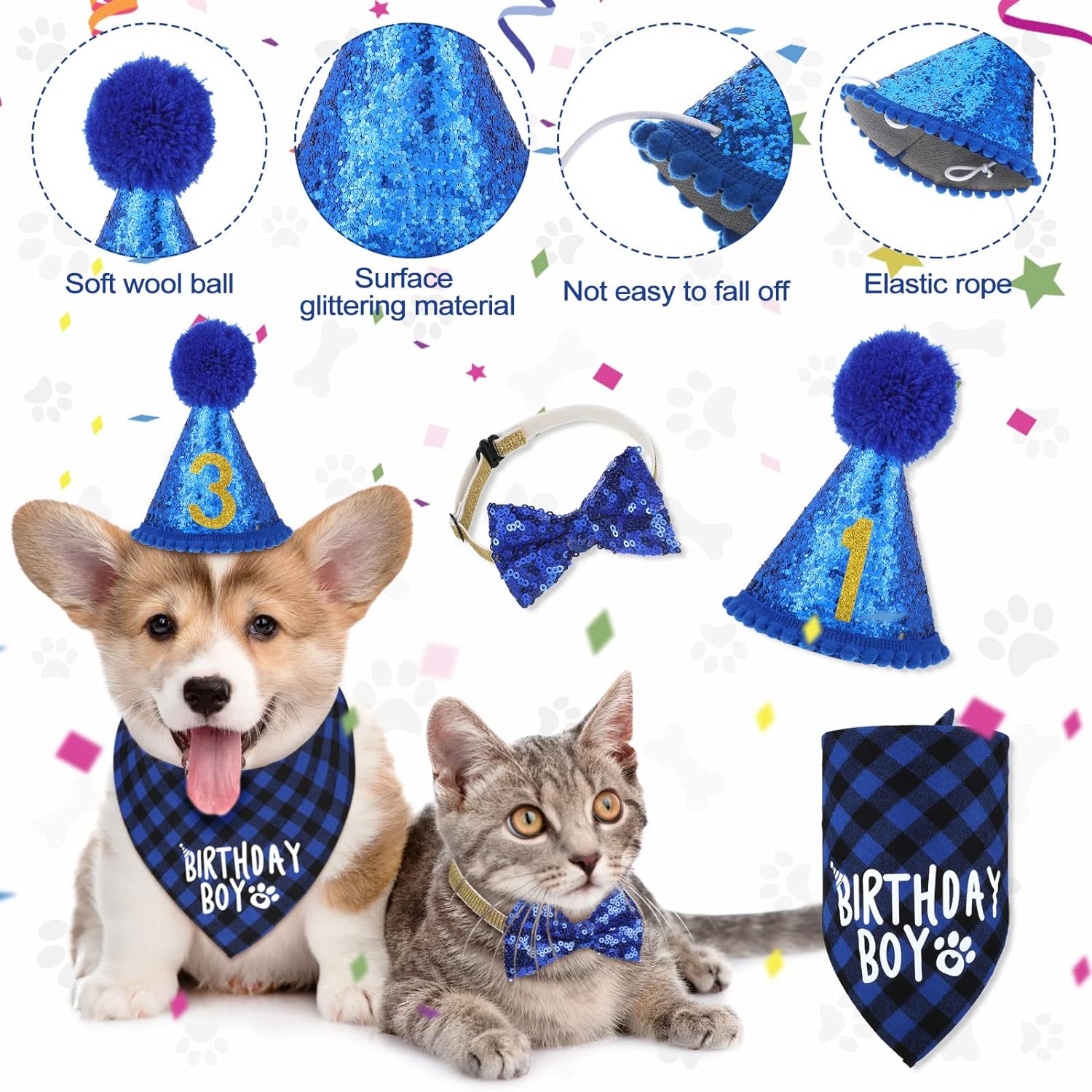 Dog Birthday Party Supplies Birthday Boy Girl Cake Bandana Triangle Scarf Party Hat Dog Bow Tie Collar with Numbers for Large Medium Small Dog Puppy 1St Birthday(Elegant Style,Medium)
