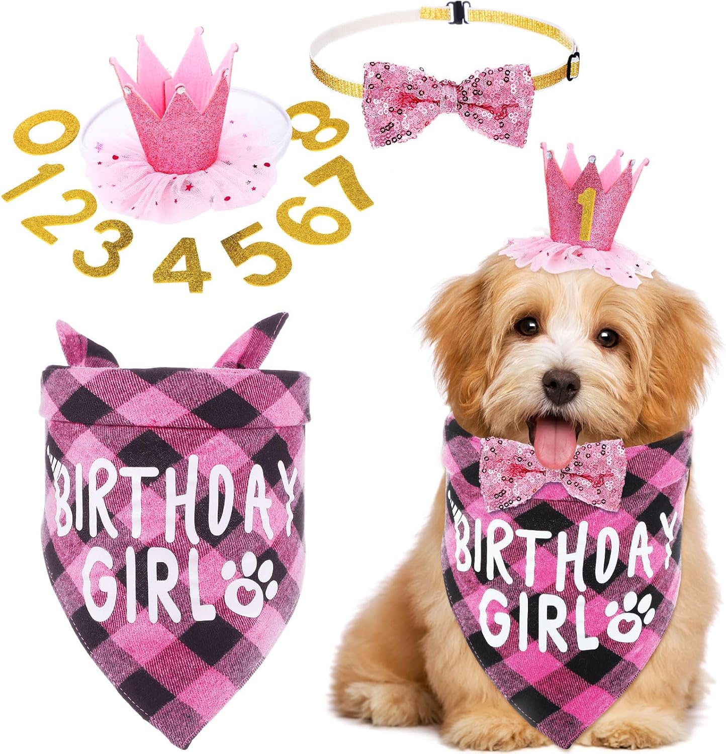 Dog Birthday Party Supplies Birthday Boy Girl Cake Bandana Triangle Scarf Party Hat Dog Bow Tie Collar with Numbers for Large Medium Small Dog Puppy 1St Birthday(Elegant Style,Medium)