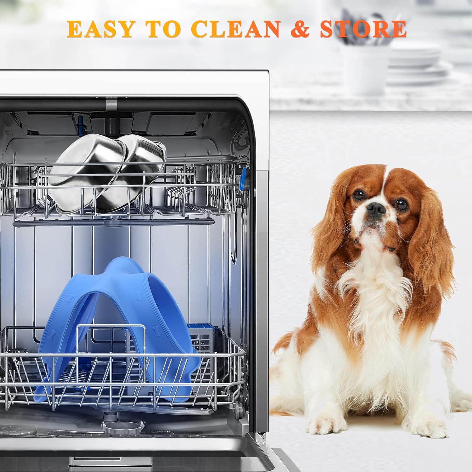 Dog Bowls, Dog Food Bowls, Stainless Steel Cat Puppy Water Bowls with Non Spill Skid Resistant Silicone Mat, Medium, Blue