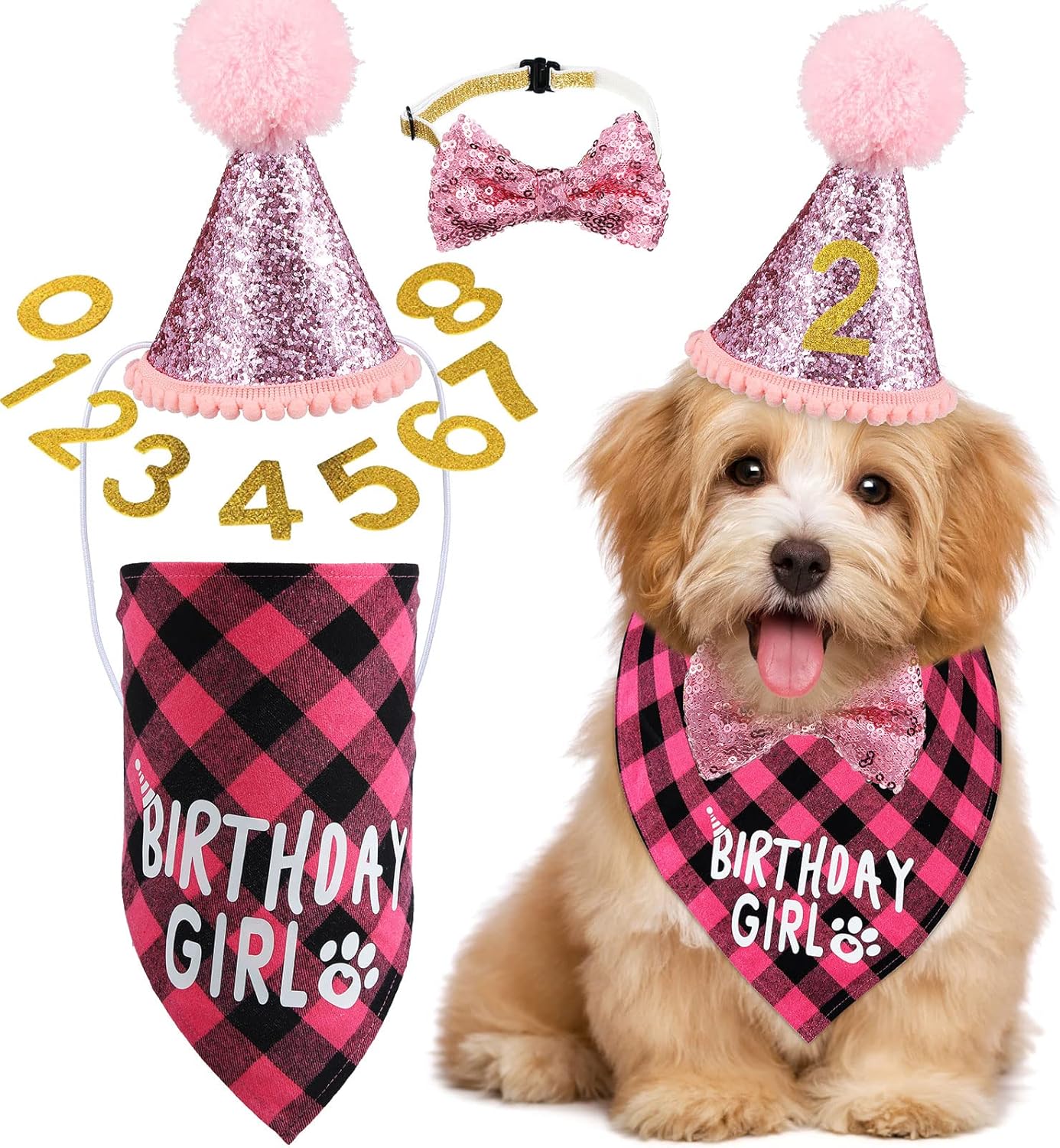 Dog Birthday Party Supplies Birthday Boy Girl Cake Bandana Triangle Scarf Party Hat Dog Bow Tie Collar with Numbers for Large Medium Small Dog Puppy 1St Birthday(Elegant Style,Medium)