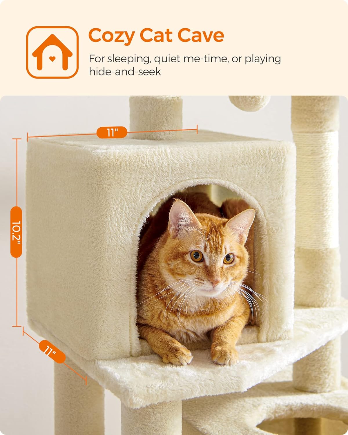 Cat Tree, 61-Inch Cat Tower for Indoor Cats, Plush Multi-Level Cat Condo with 5 Scratching Posts, 2 Perches, 2 Caves, Hammock, 2 Pompoms, Beige UPCT192M01