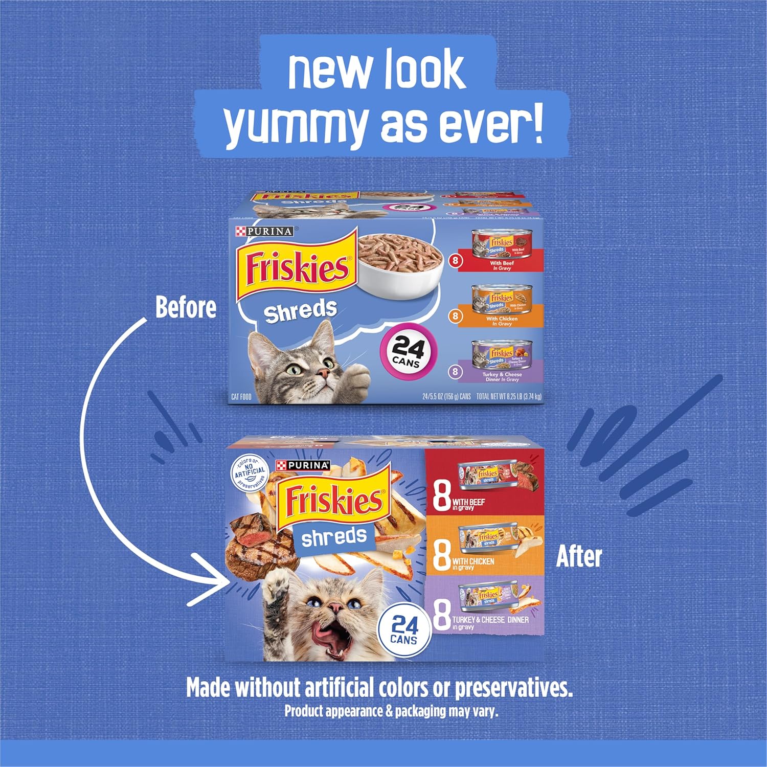 Purina  Gravy Wet Cat Food Variety Pack, Shreds with Beef, with Chicken, and Turkey and Cheese Dinner - (Pack of 24) 5.5 Oz. Cans